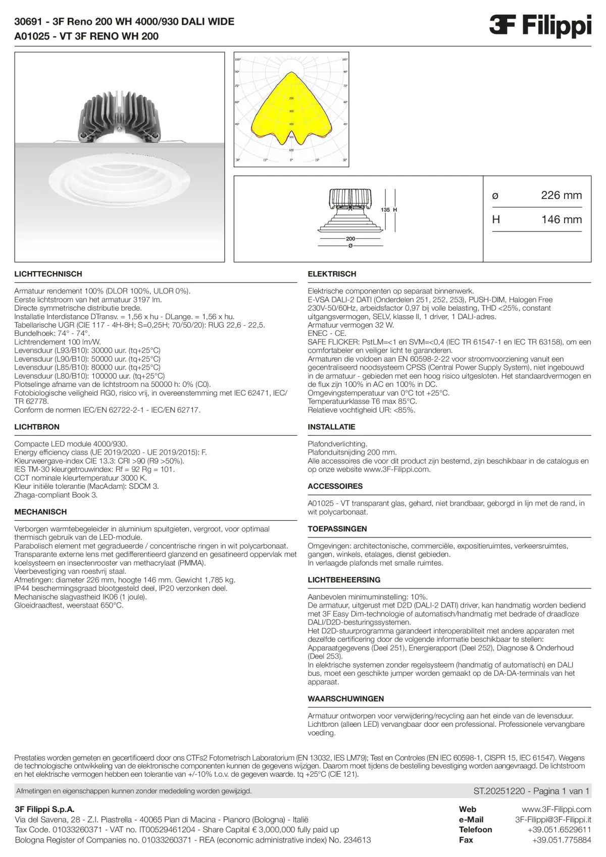 30691+A01025 - 3F Reno 200 WH 4000-930 DALI WIDE + VT WH - Datasheet - nl