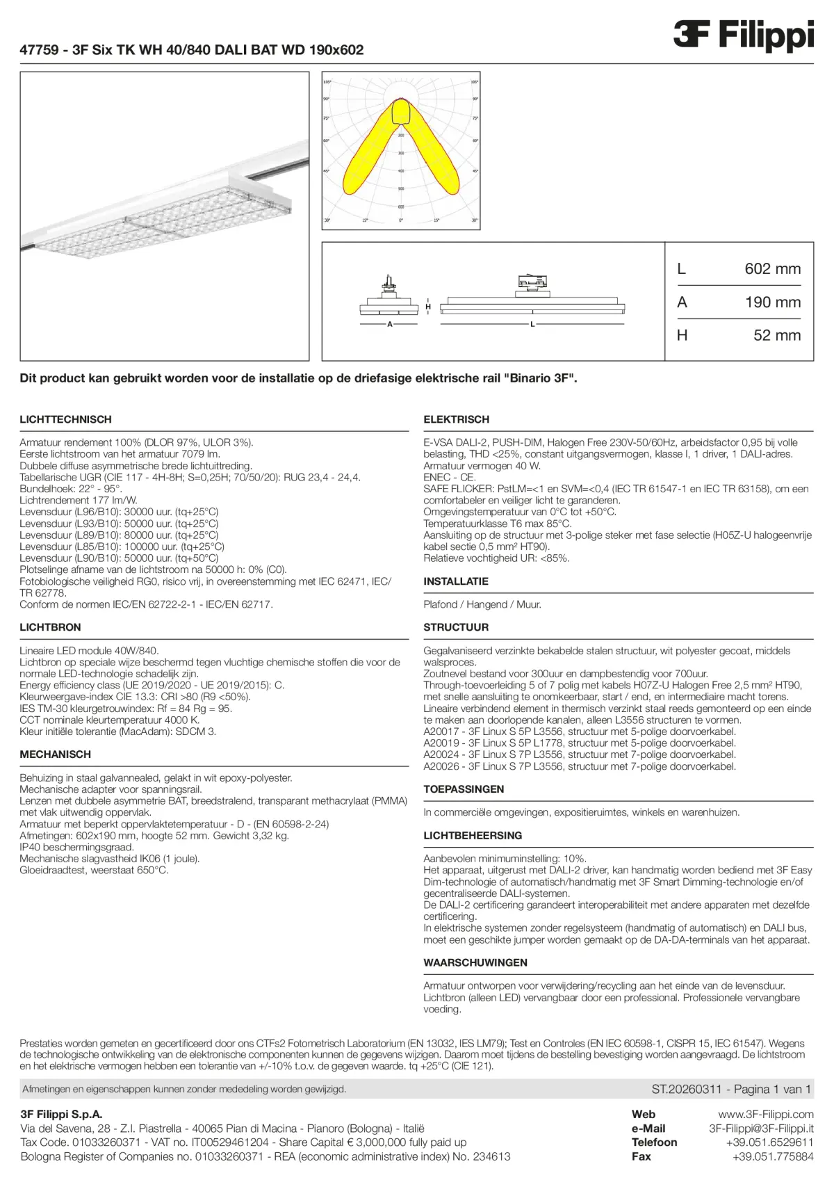 47759 - 3F Six TK WH 40-840 DALI BAT WD 190x602 - Datasheet - nl