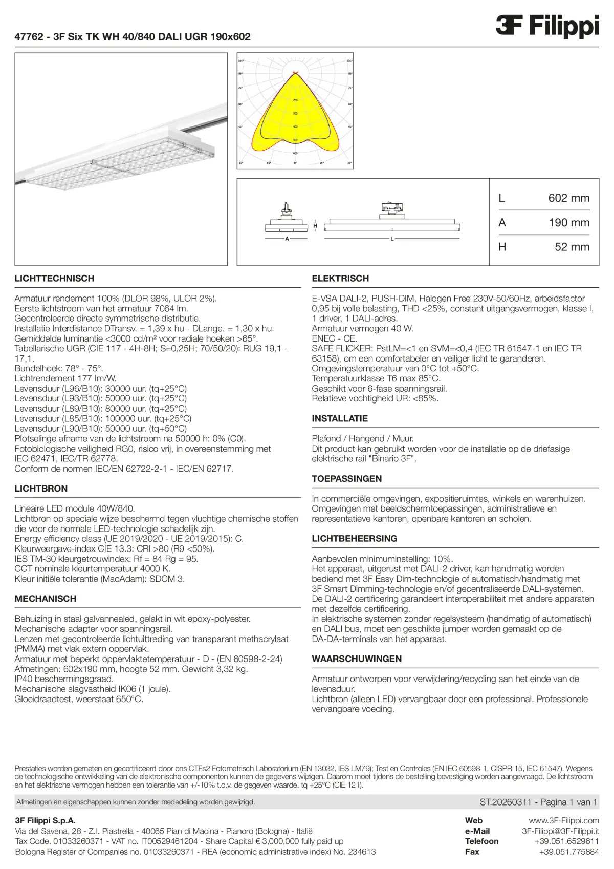 47762 - 3F Six TK WH 40-840 DALI UGR 190x602 - Datasheet - nl