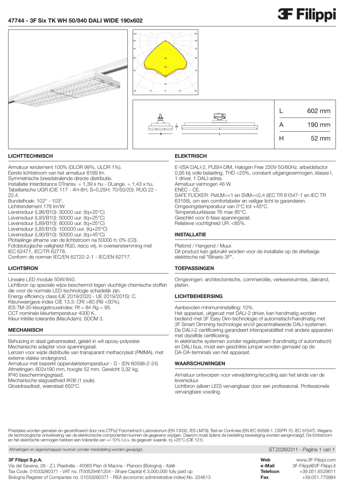 47744 - 3F Six TK WH 50-840 DALI WIDE 190x602 - Datasheet - nl