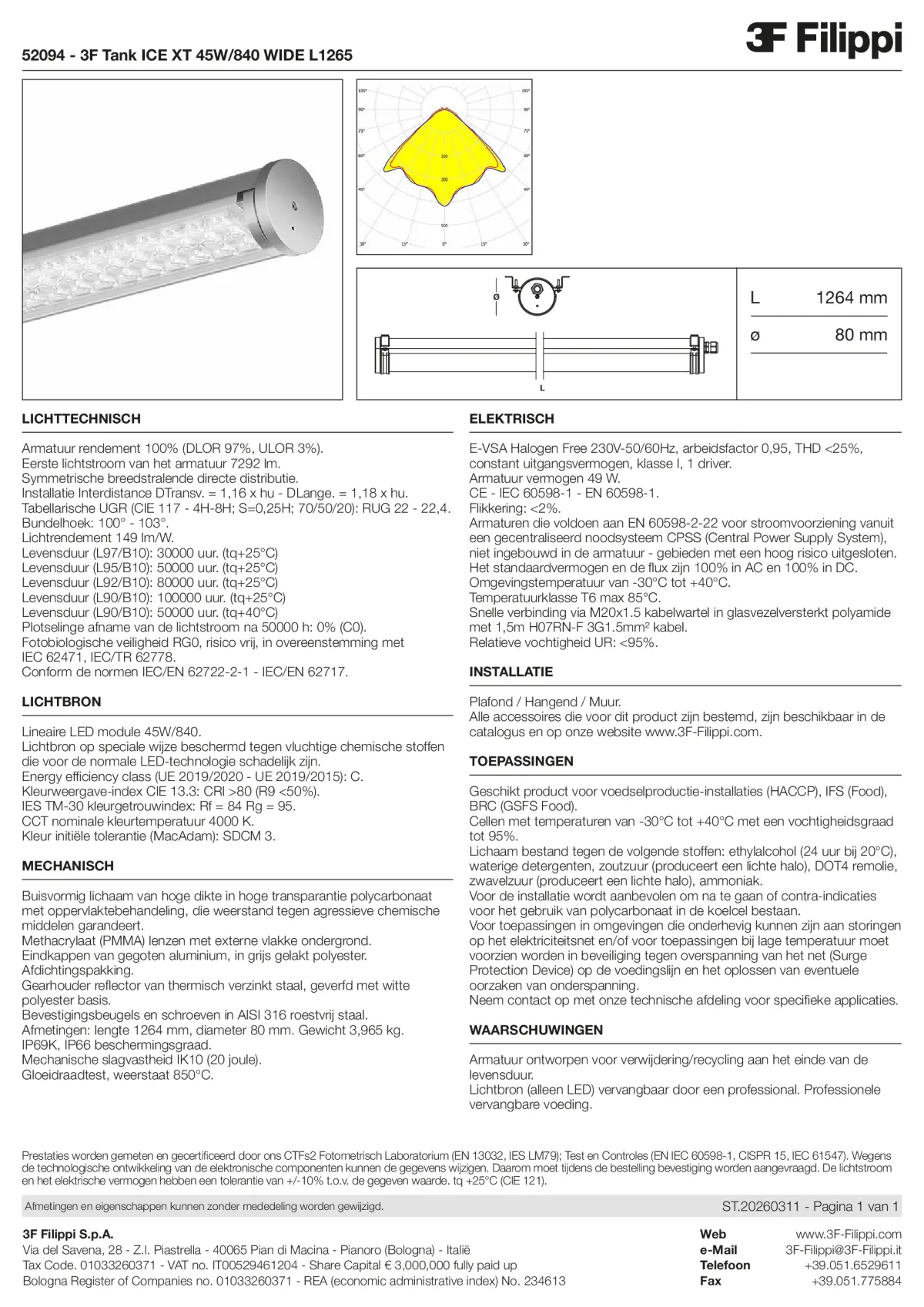 52094 - 3F Tank ICE XT 45W-840 WIDE L1265 - Datasheet - nl