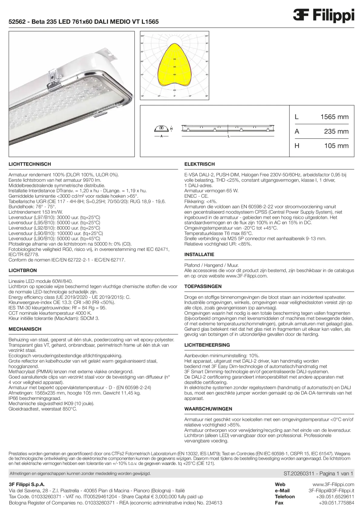 52562 - Beta 235 LED 761x60 DALI MEDIO VT L1565 - Datasheet - nl