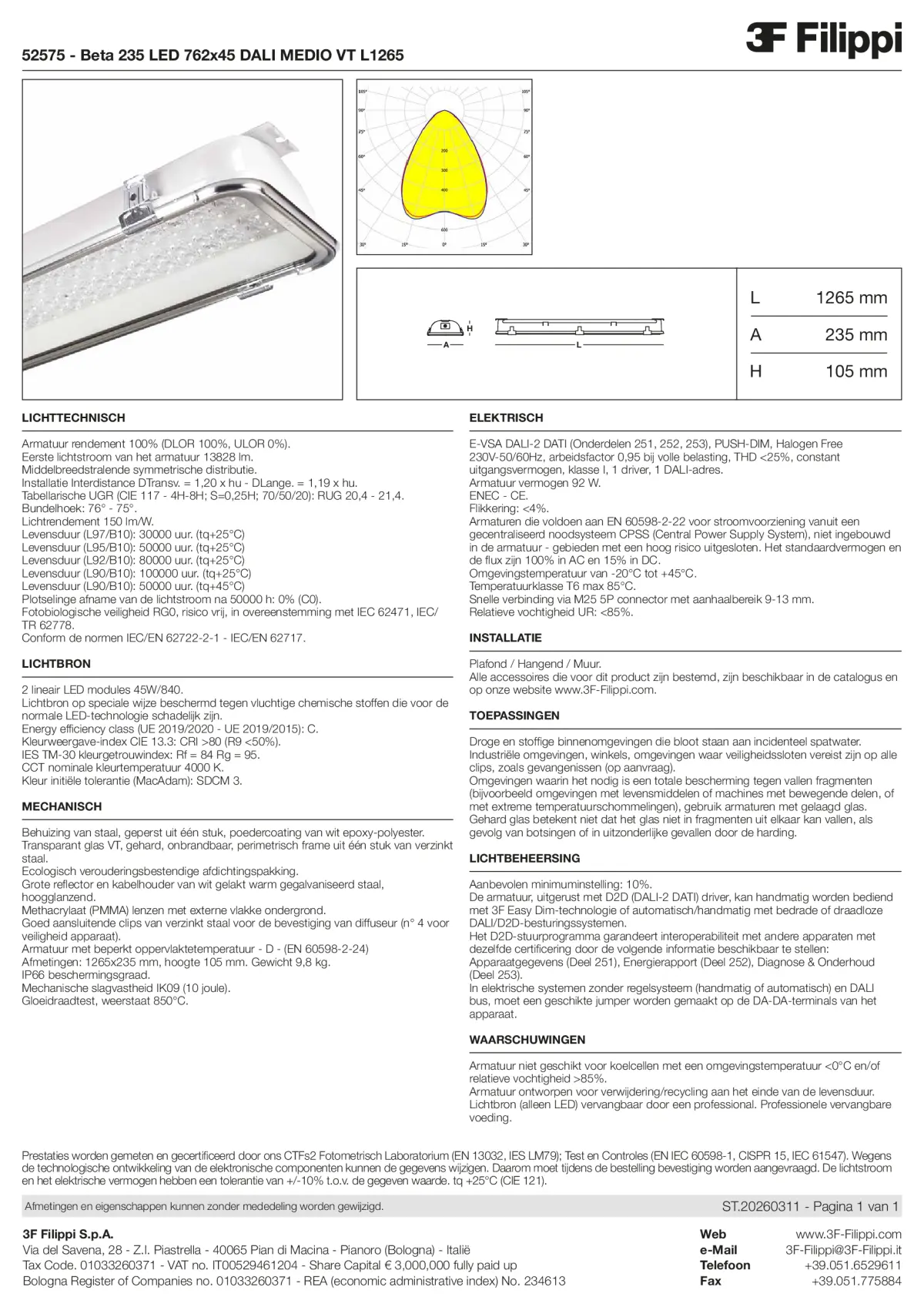 52575 - Beta 235 LED 762x45 DALI MEDIO VT L1265 - Datasheet - nl