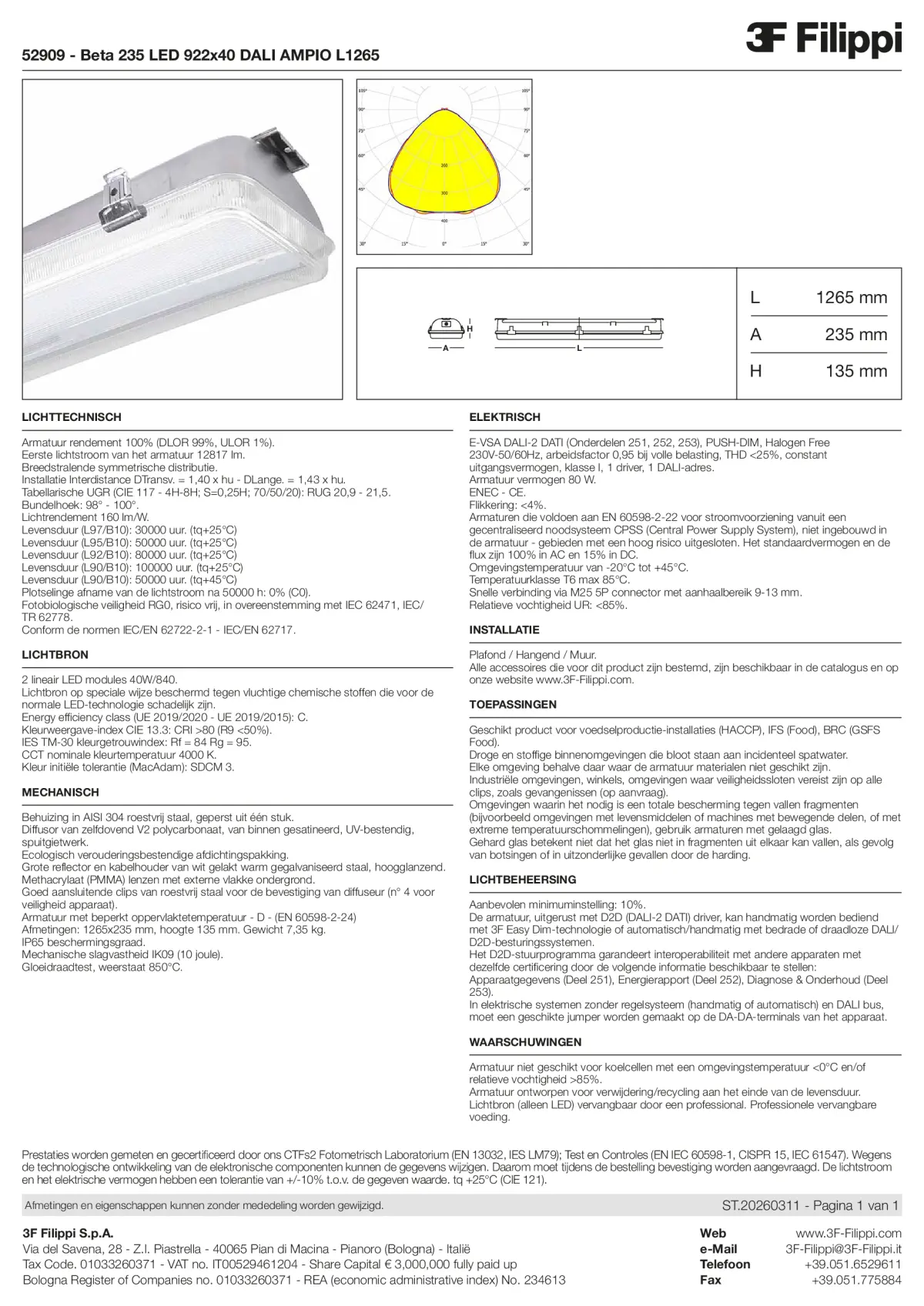 52909 - Beta 235 LED 922x40 DALI AMPIO L1265 - Datasheet - nl