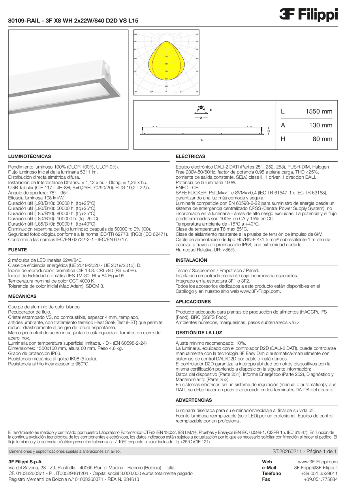80109-RAIL - 3F X8 WH 2x22W-840 D2D VS L15 - Datasheet - es
