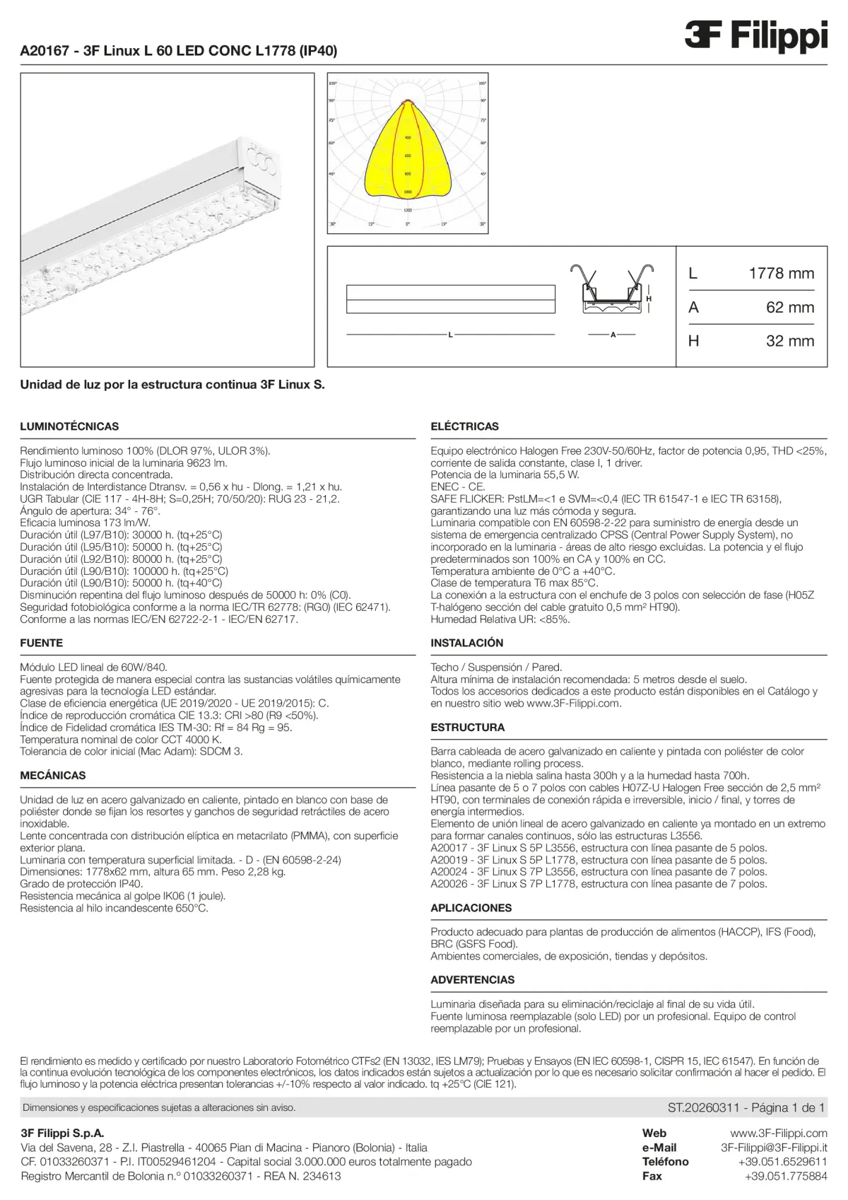 A20167 - 3F Linux L 60 LED CONC L1778 (IP40) - Datasheet - es