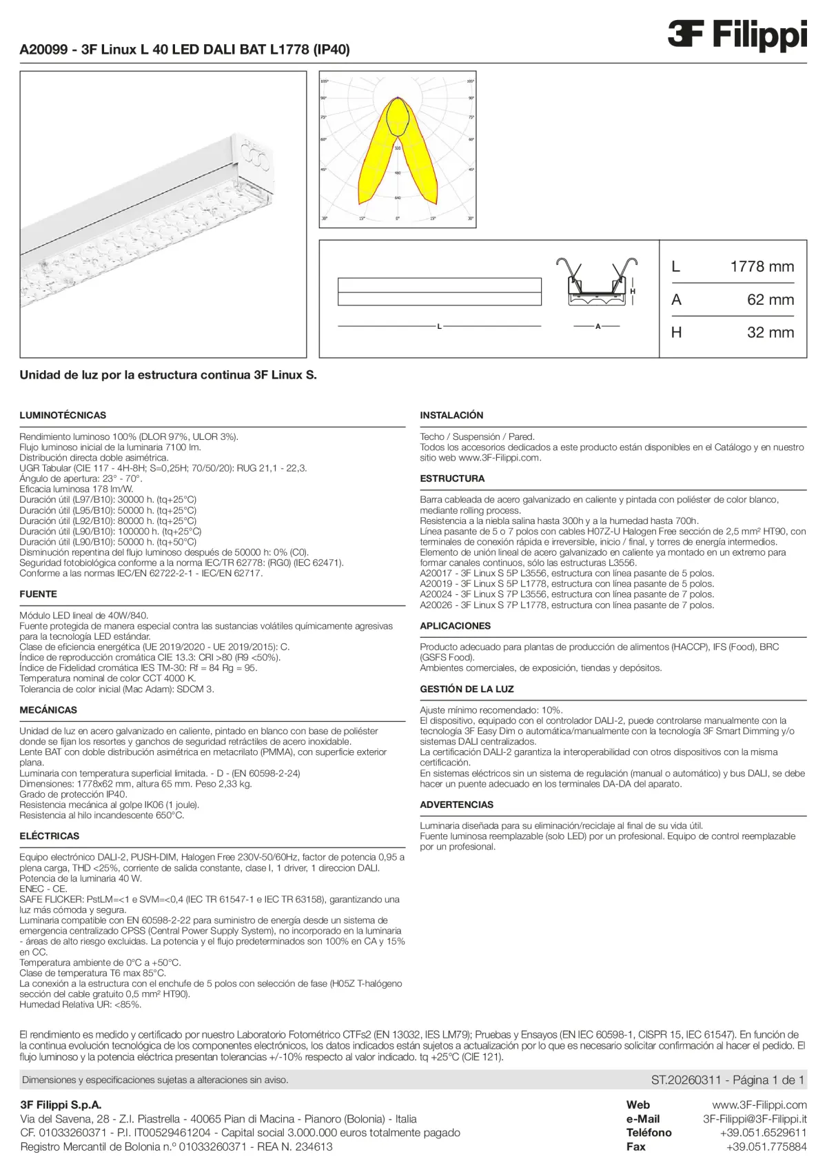A20099 - 3F Linux L 40 LED DALI BAT L1778 (IP40) - Datasheet - es