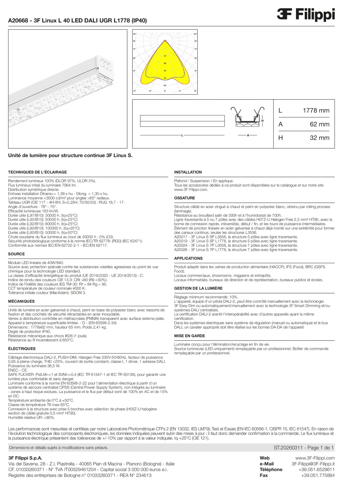 A20668 - 3F Linux L 40 LED DALI UGR L1778 (IP40) - Datasheet - fr