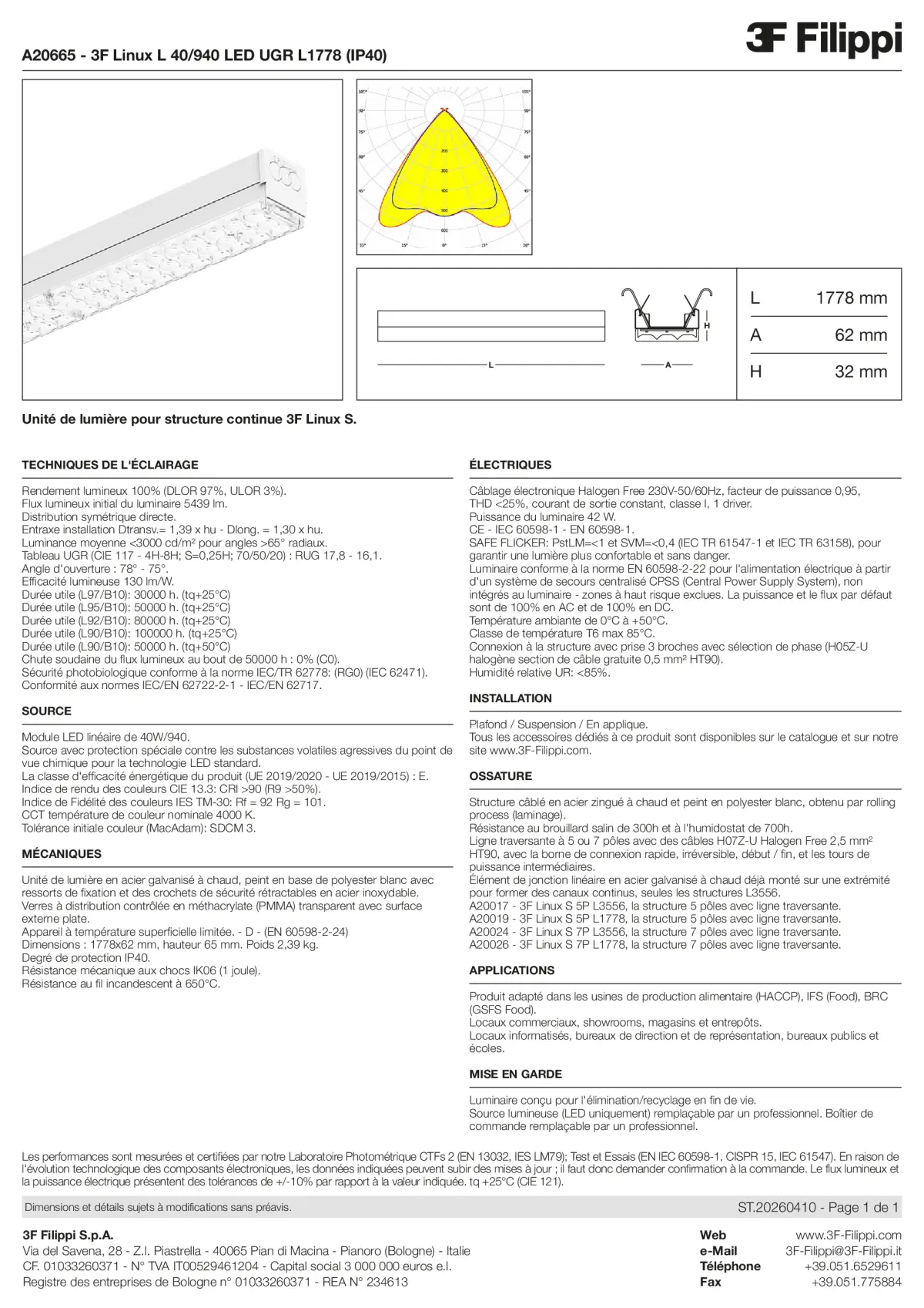 A20665 - 3F Linux L 40-940 LED UGR L1778 (IP40) - Datasheet - fr