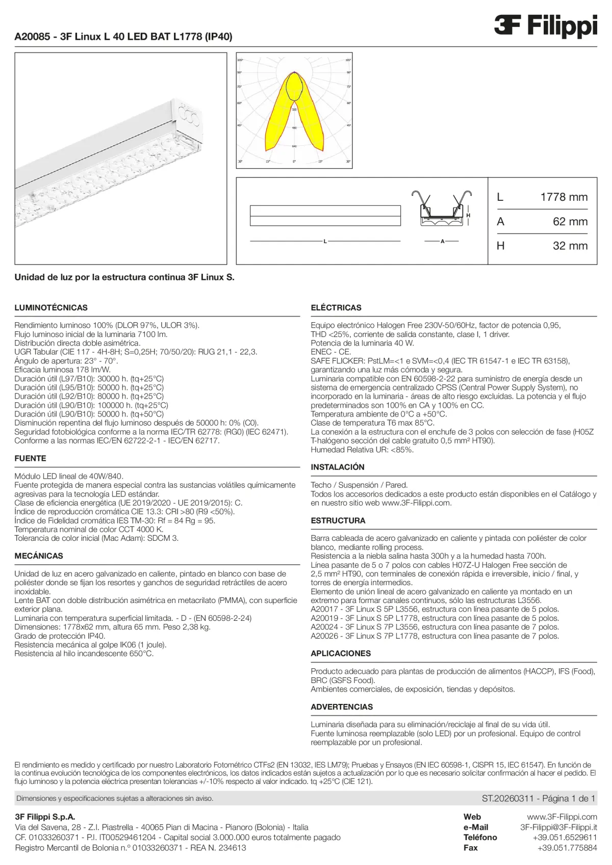A20085 - 3F Linux L 40 LED BAT L1778 (IP40) - Datasheet - es