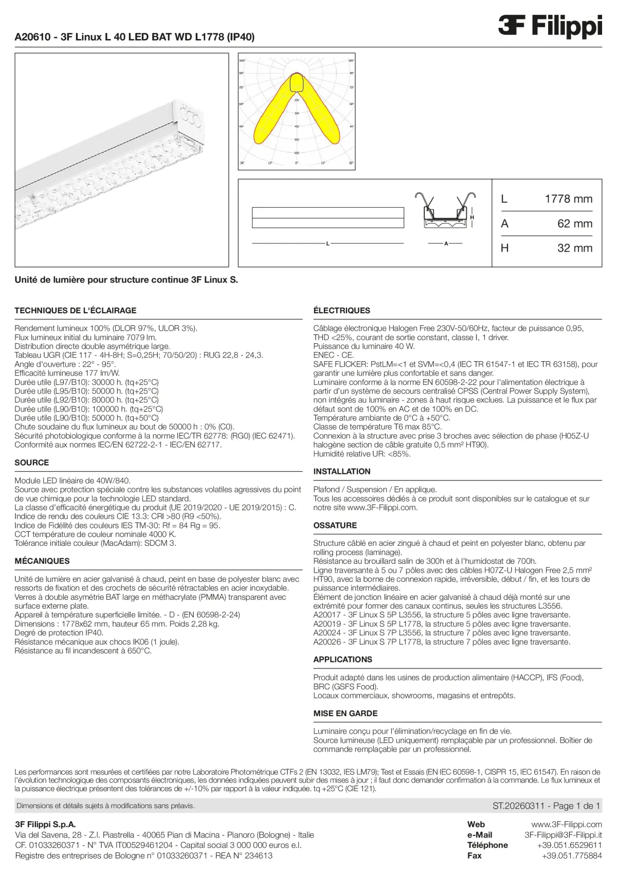 A20610 - 3F Linux L 40 LED BAT WD L1778 (IP40) - Datasheet - fr