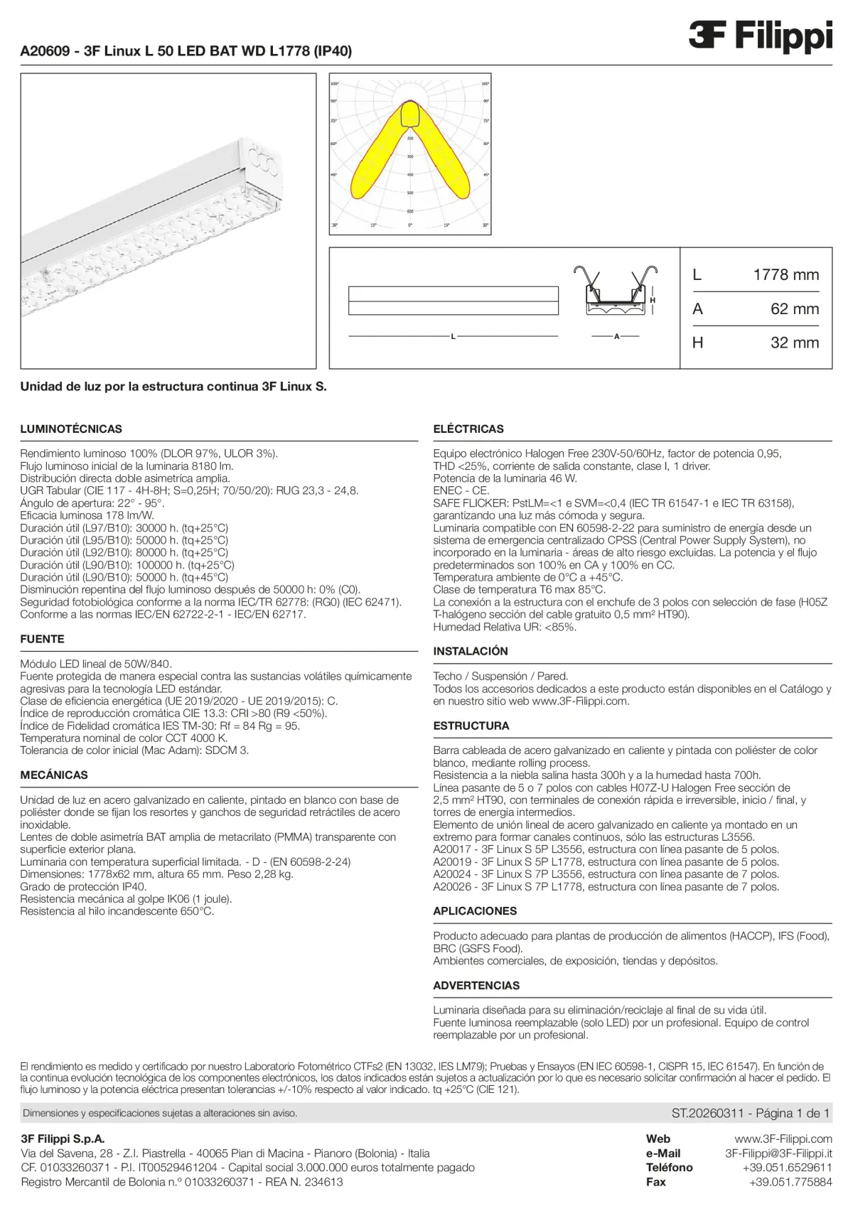 A20609 - 3F Linux L 50 LED BAT WD L1778 (IP40) - Datasheet - es
