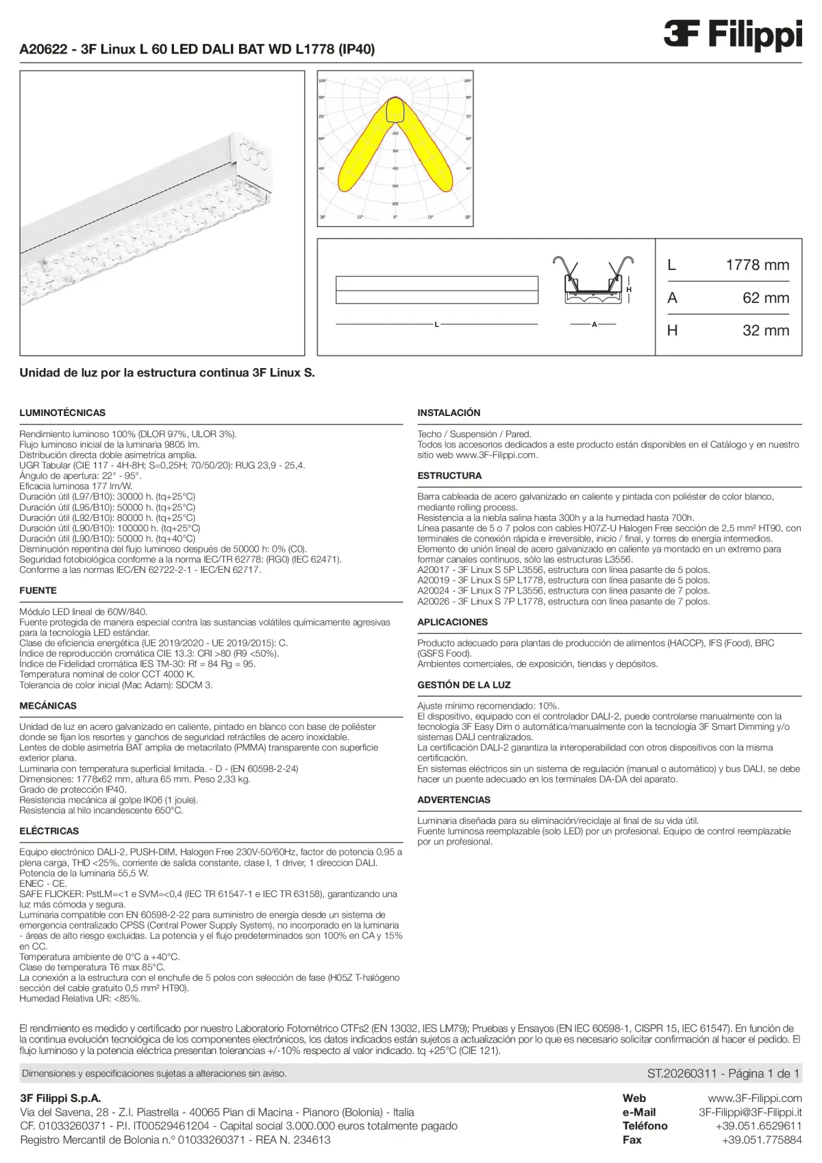 A20622 - 3F Linux L 60 LED DALI BAT WD L1778 (IP40) - Datasheet - es