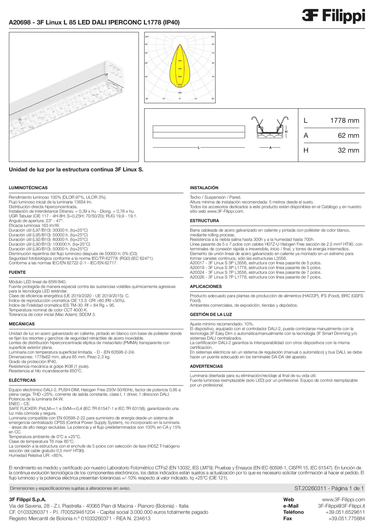 A20698 - 3F Linux L 85 LED DALI IPERCONC L1778 (IP40) - Datasheet - es