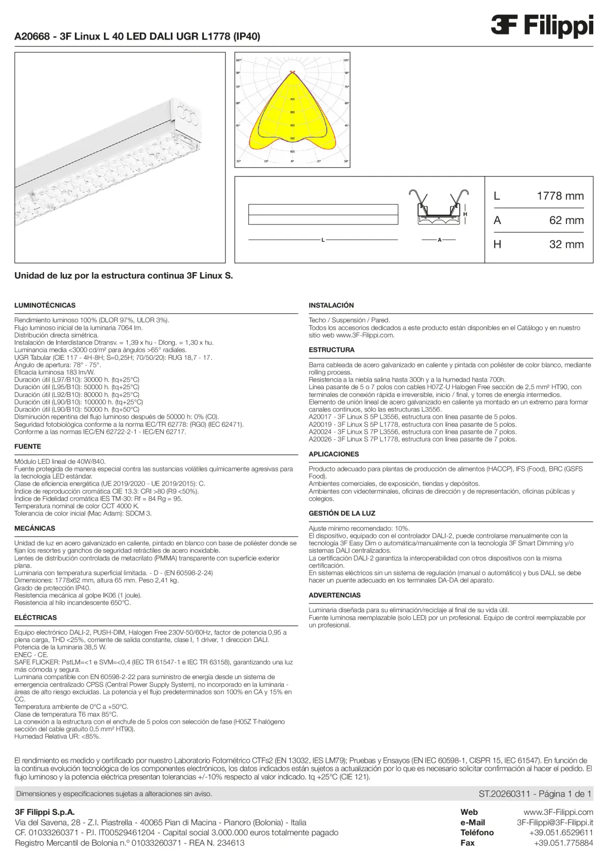 A20668 - 3F Linux L 40 LED DALI UGR L1778 (IP40) - Datasheet - es