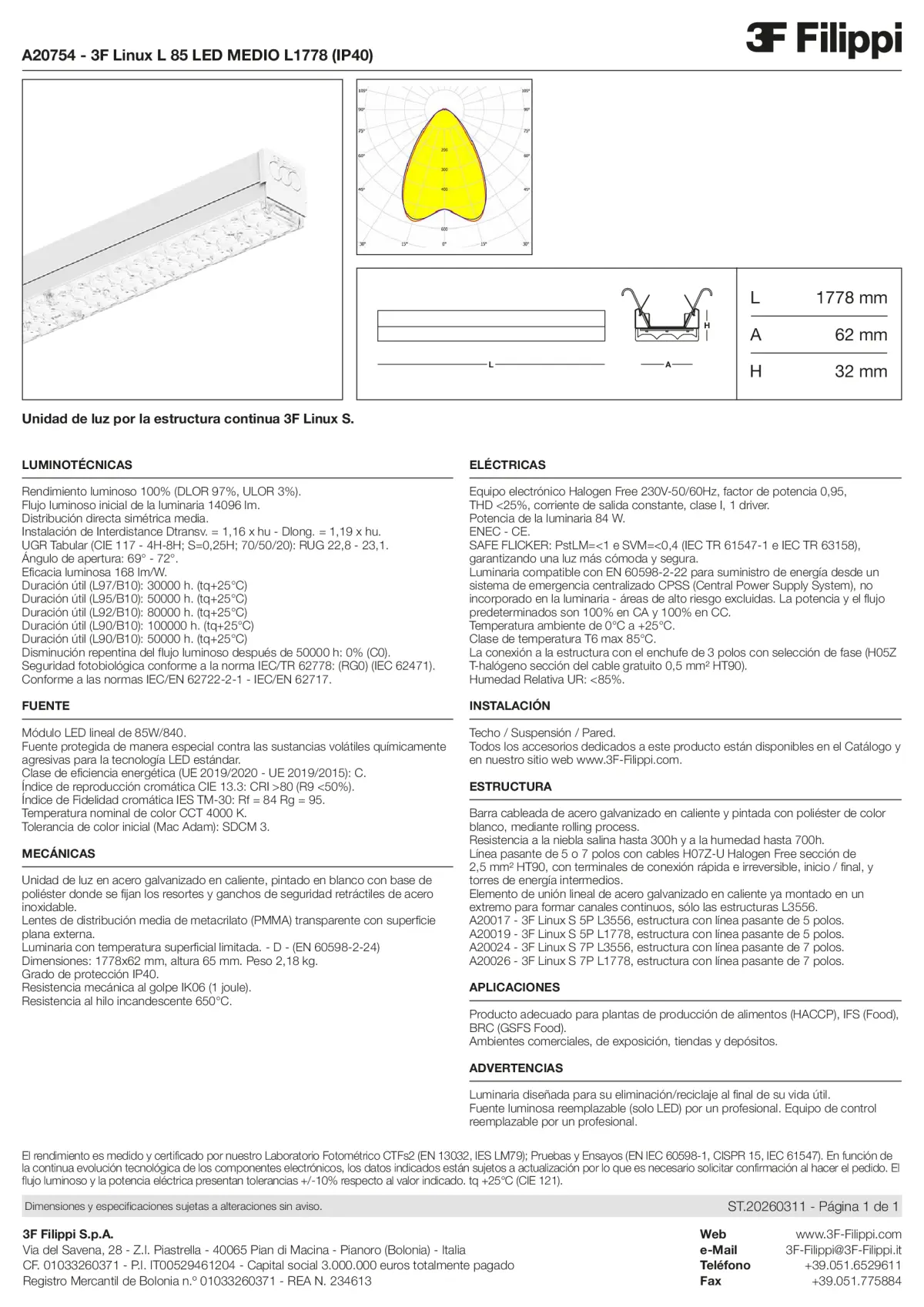 A20754 - 3F Linux L 85 LED MEDIO L1778 (IP40) - Datasheet - es