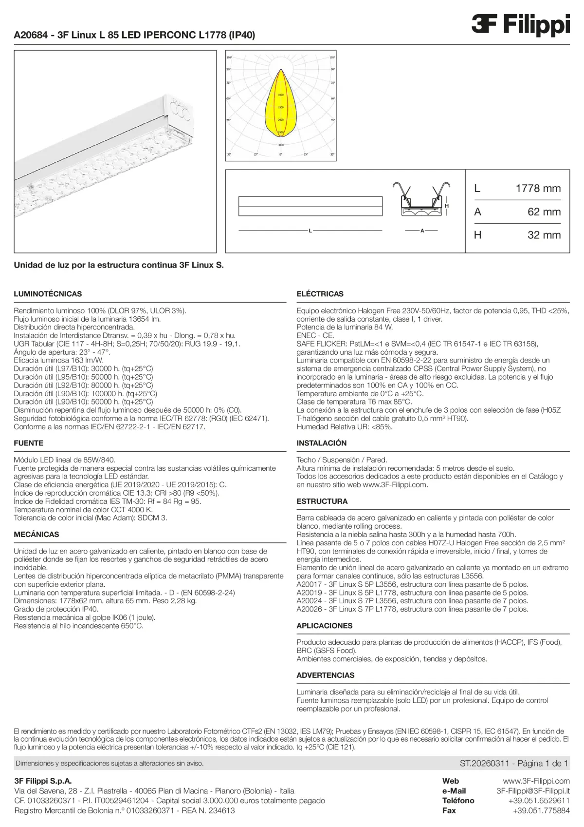 A20684 - 3F Linux L 85 LED IPERCONC L1778 (IP40) - Datasheet - es