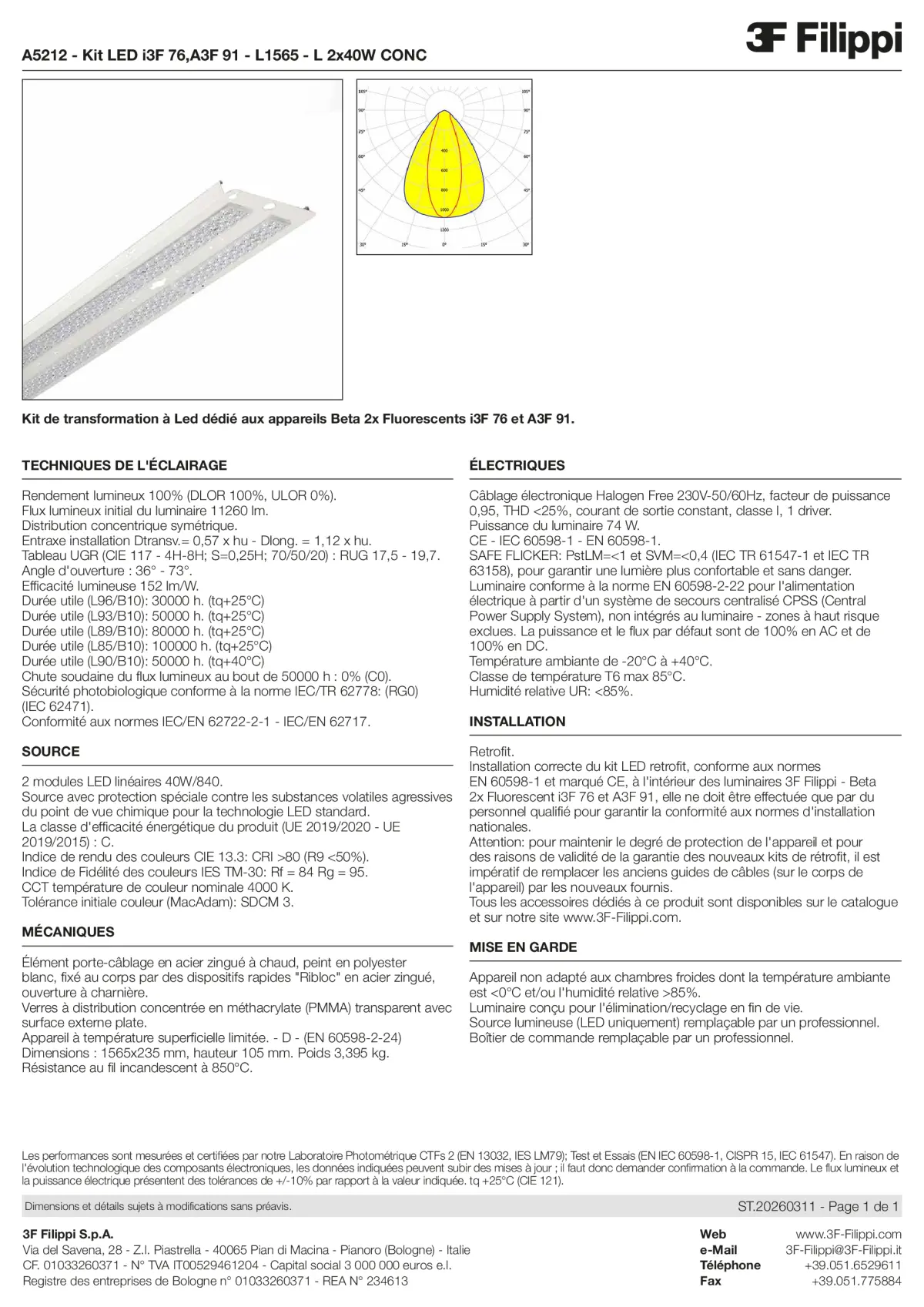 A5212 - Kit LED i3F 76,A3F 91 - L1565 - L 2x40W CONC - Datasheet - fr