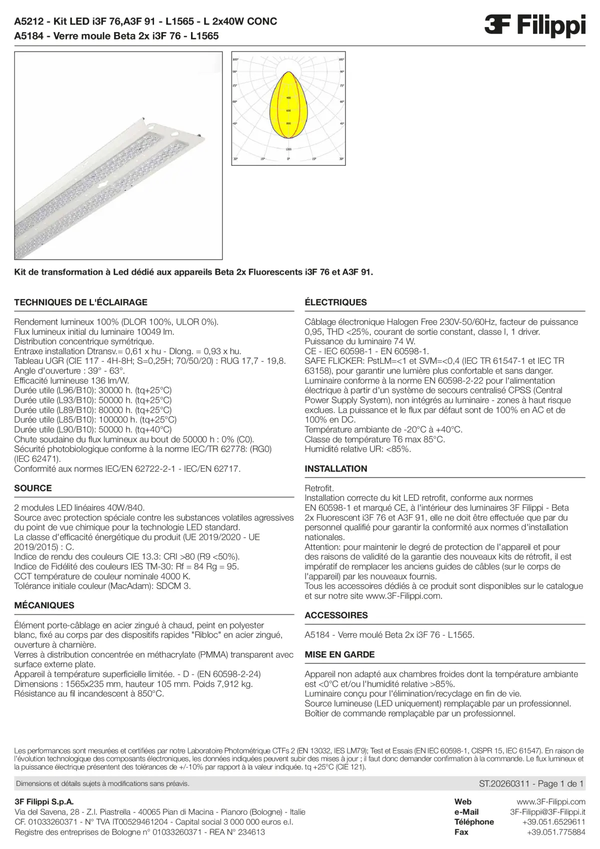 A5212+A5184 - Kit LED i3F 76,A3F 91 - L1565 - L 2x40W CONC + VS - Datasheet - fr