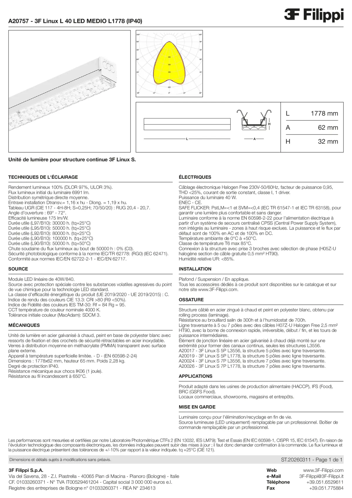 A20757 - 3F Linux L 40 LED MEDIO L1778 (IP40) - Datasheet - fr