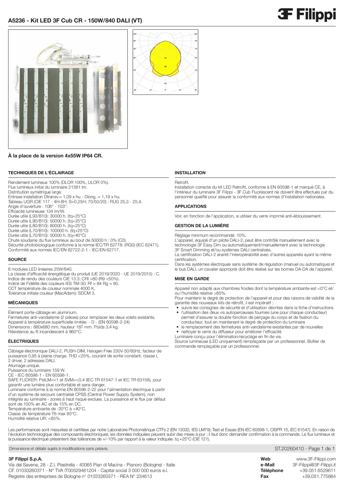 A5236 - Kit LED 3F Cub CR - 150W-840 DALI (VT) - Datasheet - fr