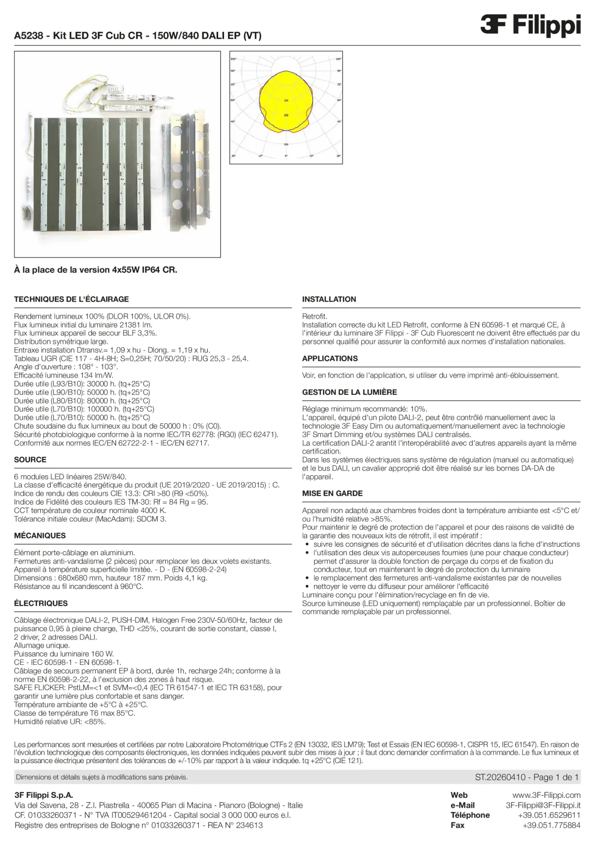 A5238 - Kit LED 3F Cub CR - 150W-840 DALI EP (VT) - Datasheet - fr