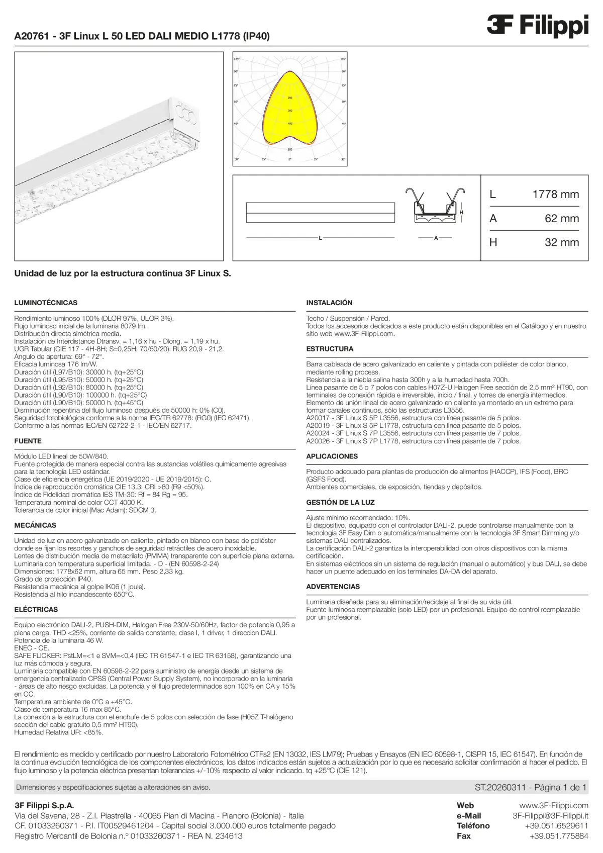 A20761 - 3F Linux L 50 LED DALI MEDIO L1778 (IP40) - Datasheet - es