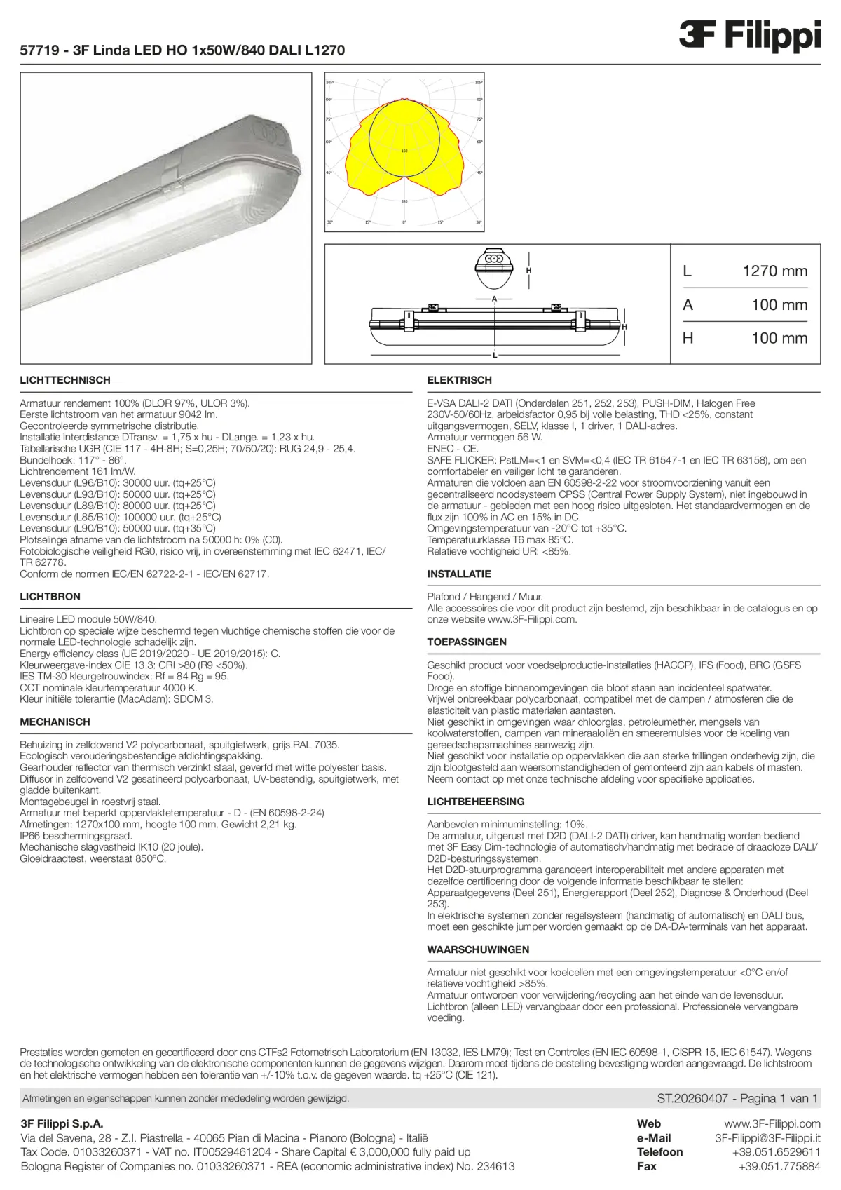 57719 - 3F Linda LED HO 1x50W-840 DALI L1270 - Datasheet - nl