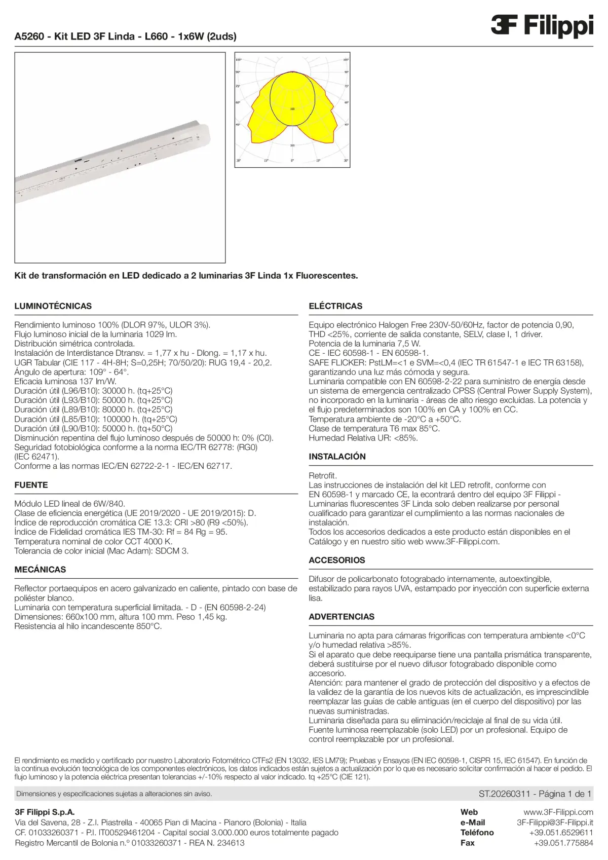 A5260 - Kit LED 3F Linda - L660 - 1x6W (2pz) - Datasheet - es