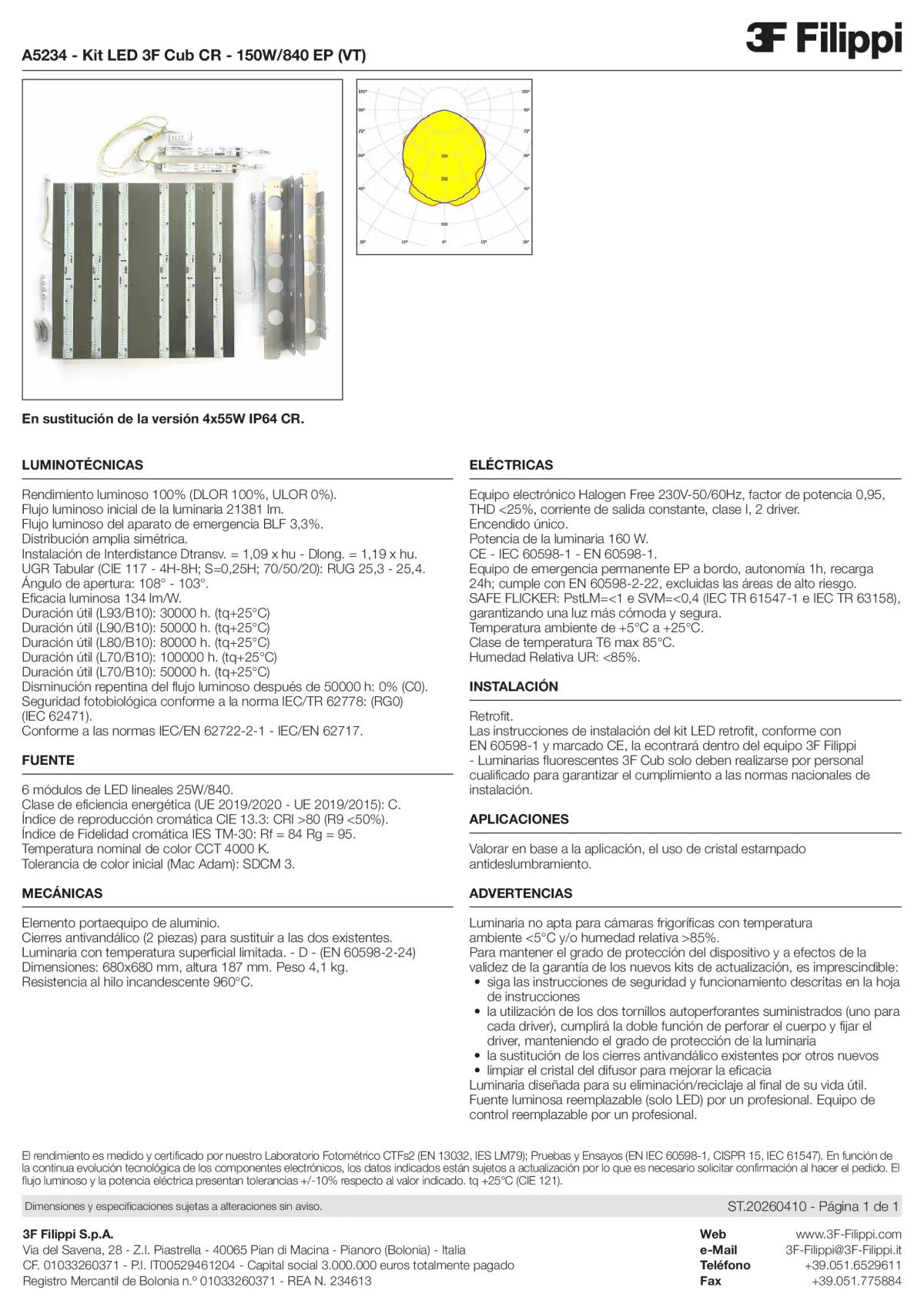 A5234 - Kit LED 3F Cub CR - 150W-840 EP (VT) - Datasheet - es