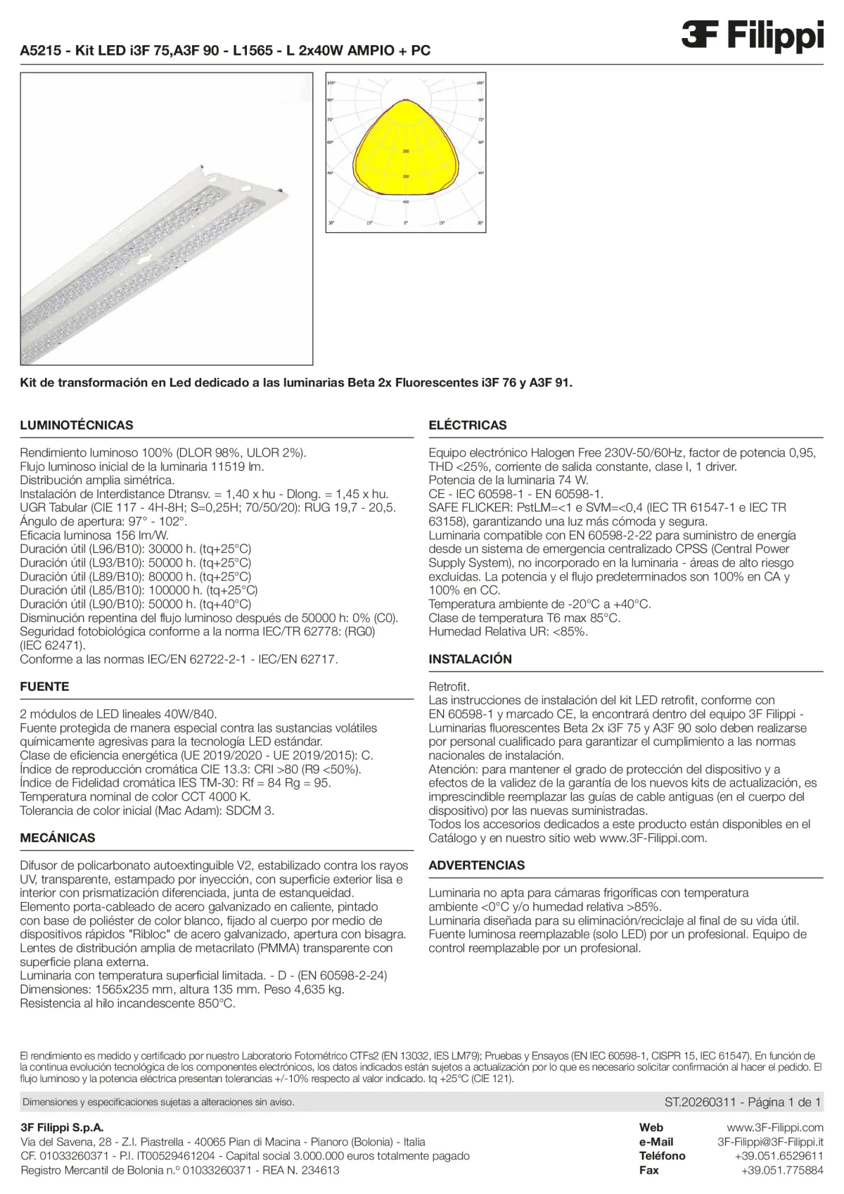 A5215 - Kit LED i3F 75,A3F 90 - L1565 - L 2x40W AMPIO + PC - Datasheet - es