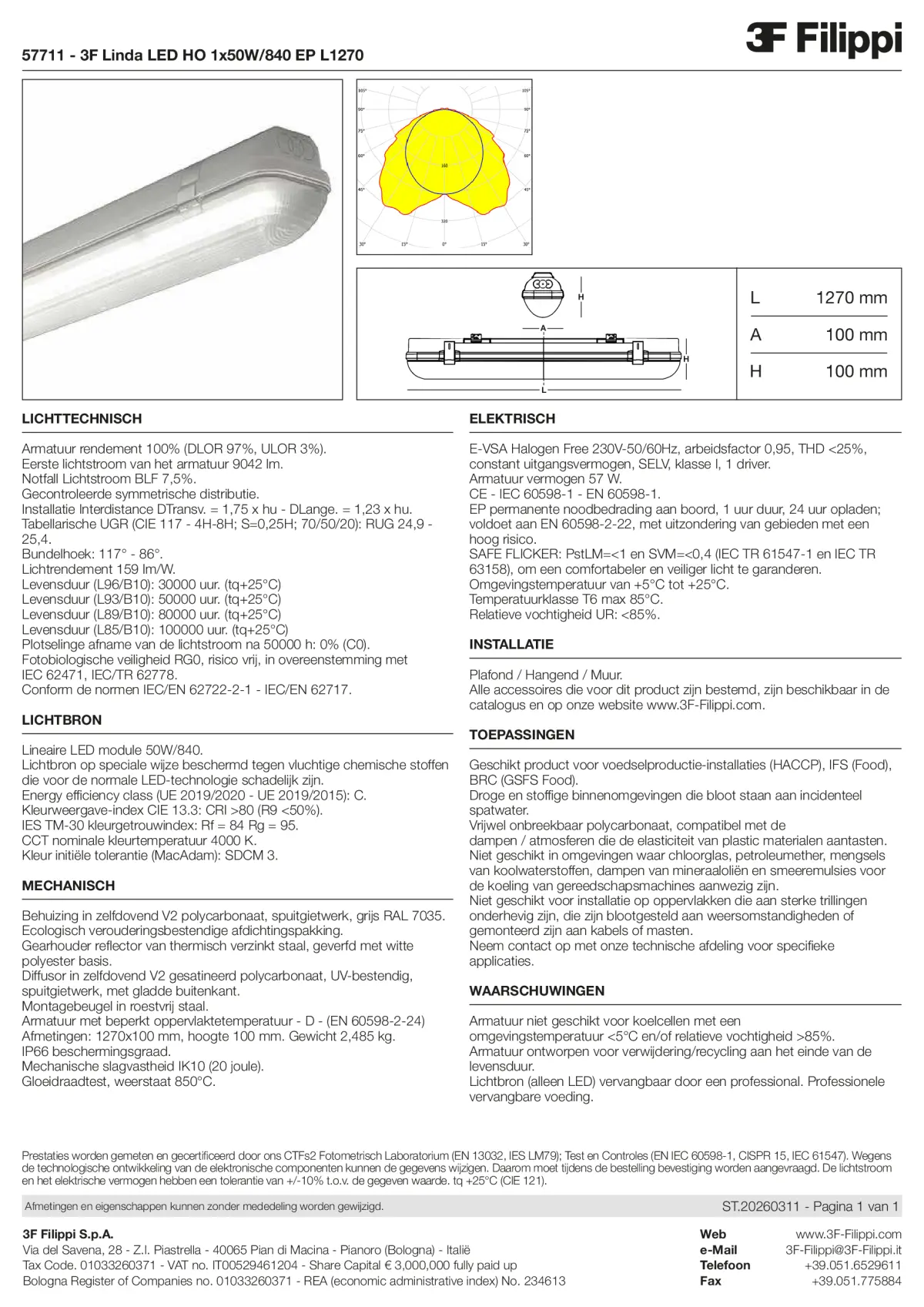 57711 - 3F Linda LED HO 1x50W-840 EP L1270 - Datasheet - nl