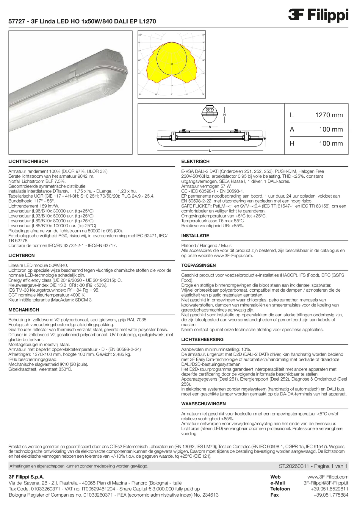 57727 - 3F Linda LED HO 1x50W-840 DALI EP L1270 - Datasheet - nl