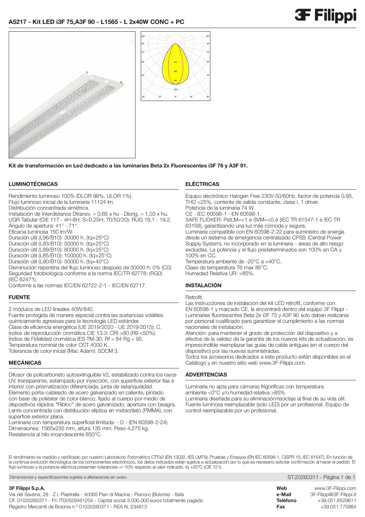 A5217 - Kit LED i3F 75,A3F 90 - L1565 - L 2x40W CONC + PC - Datasheet - es