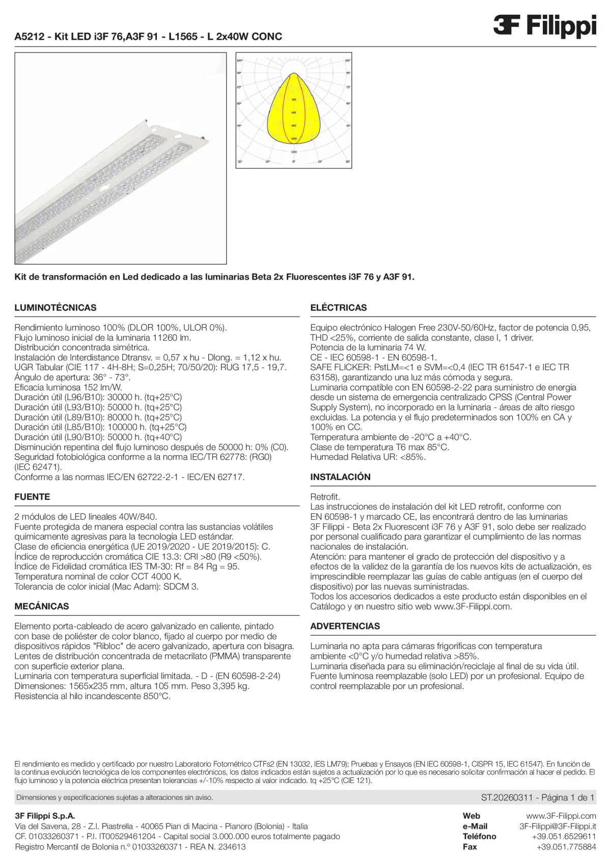 A5212 - Kit LED i3F 76,A3F 91 - L1565 - L 2x40W CONC - Datasheet - es