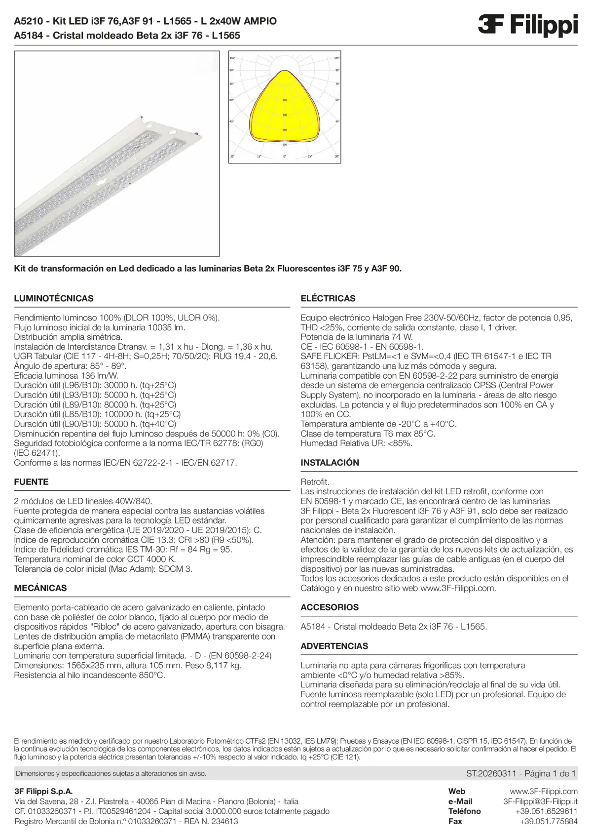 A5210+A5184 - Kit LED i3F 76,A3F 91 - L1565 - L 2x40W AMPIO + VS - Datasheet - es