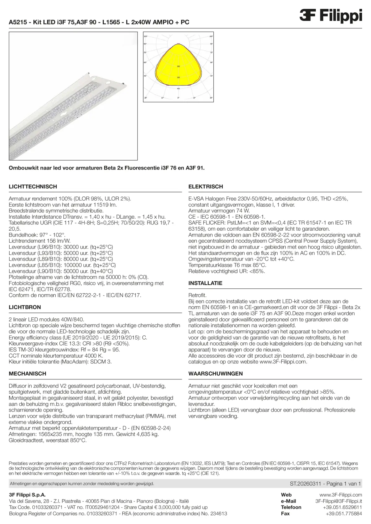 A5215 - Kit LED i3F 75,A3F 90 - L1565 - L 2x40W AMPIO + PC - Datasheet - nl