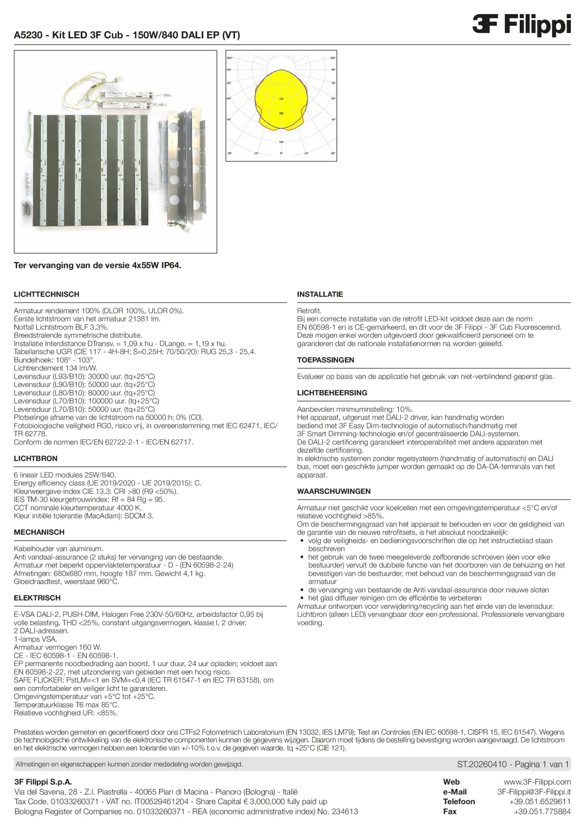 A5230 - Kit LED 3F Cub - 150W-840 DALI EP (VT) - Datasheet - nl