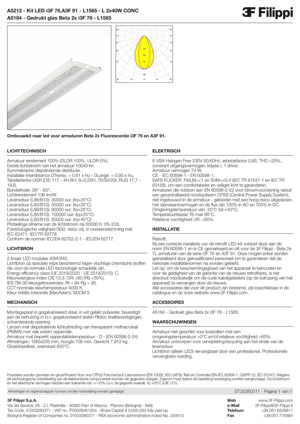 A5212+A5184 - Kit LED i3F 76,A3F 91 - L1565 - L 2x40W CONC + VS - Datasheet - nl