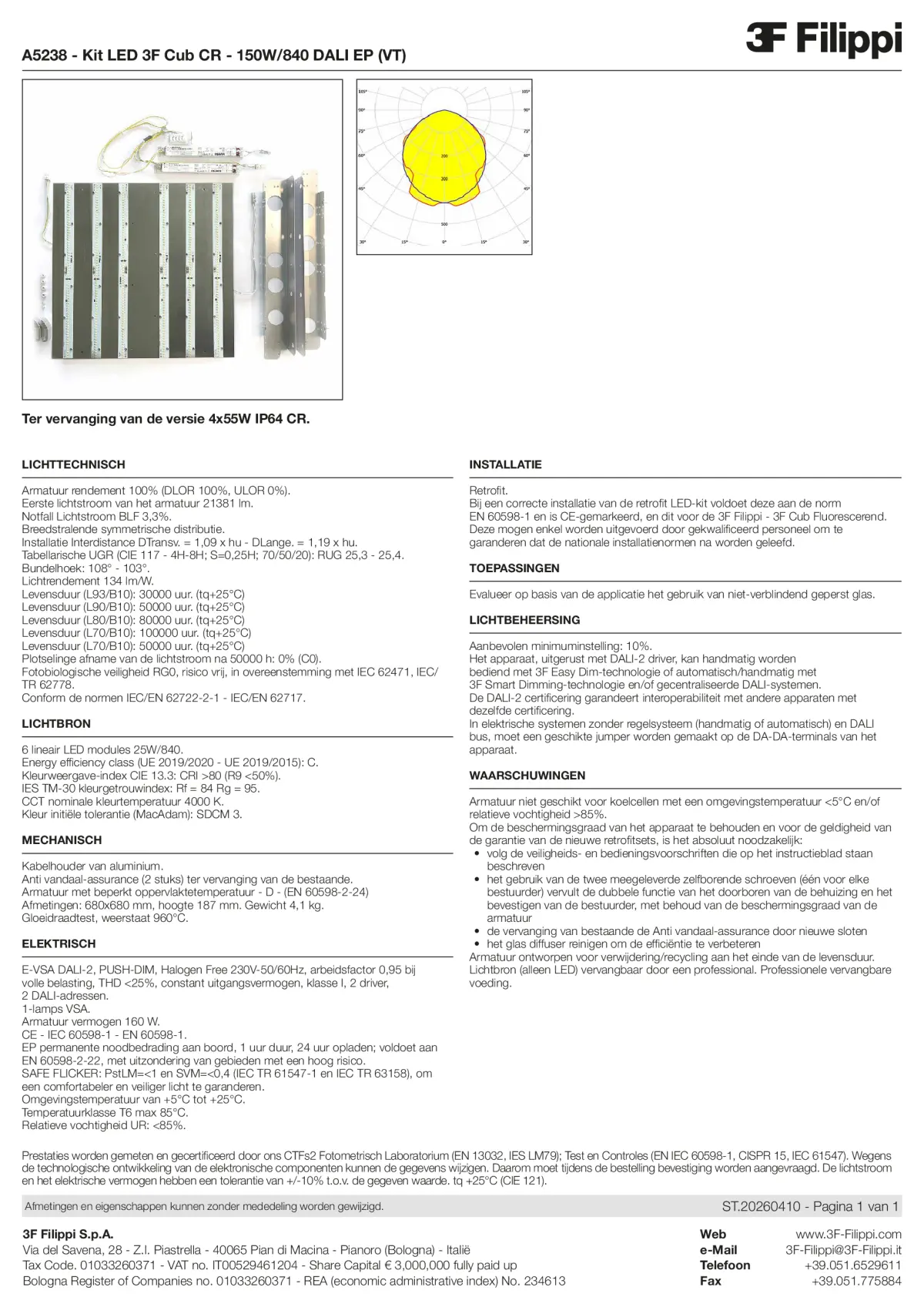 A5238 - Kit LED 3F Cub CR - 150W-840 DALI EP (VT) - Datasheet - nl