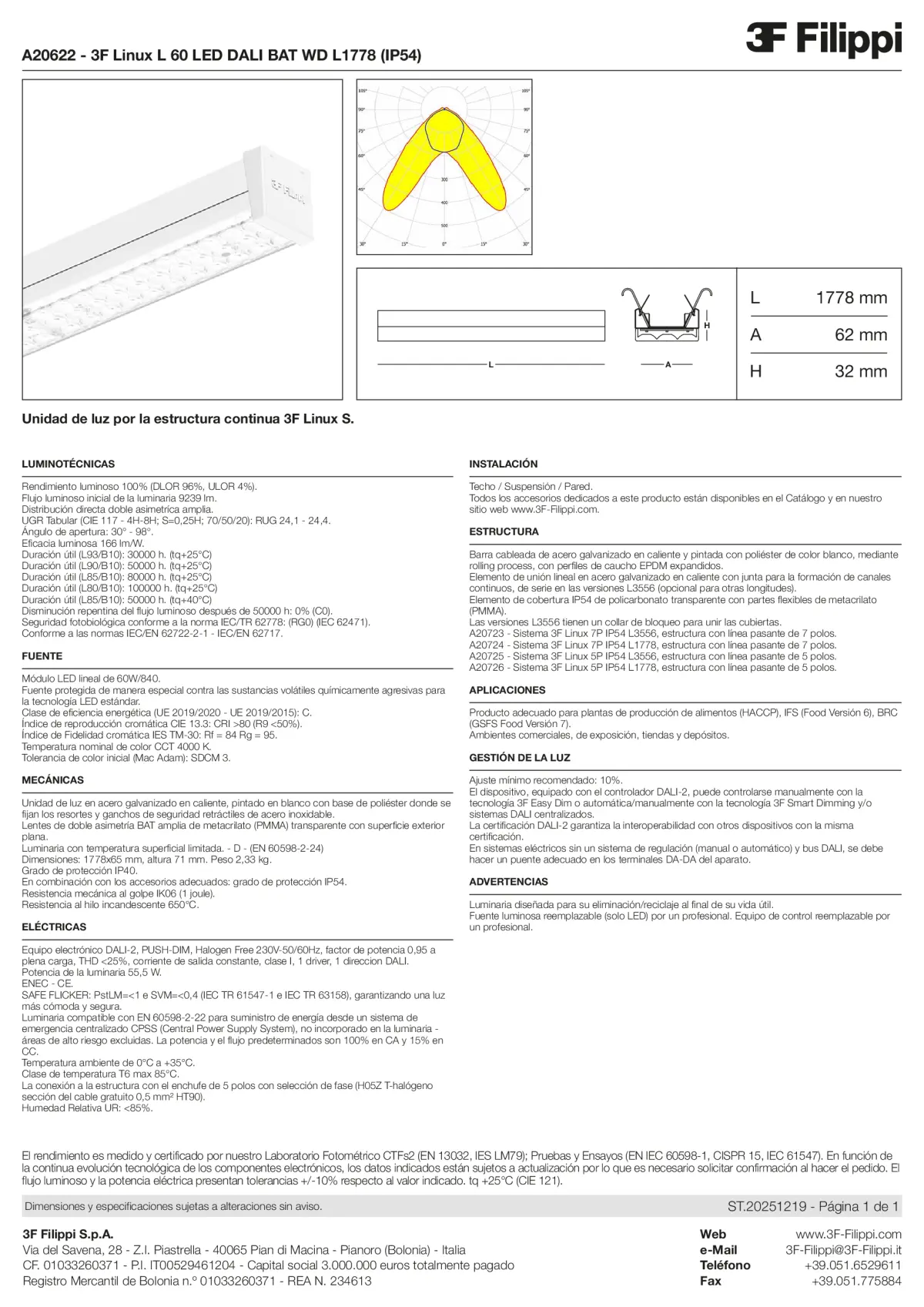 A20622 - 3F Linux L 60 LED DALI BAT WD L1778 (IP54) - Datasheet - es