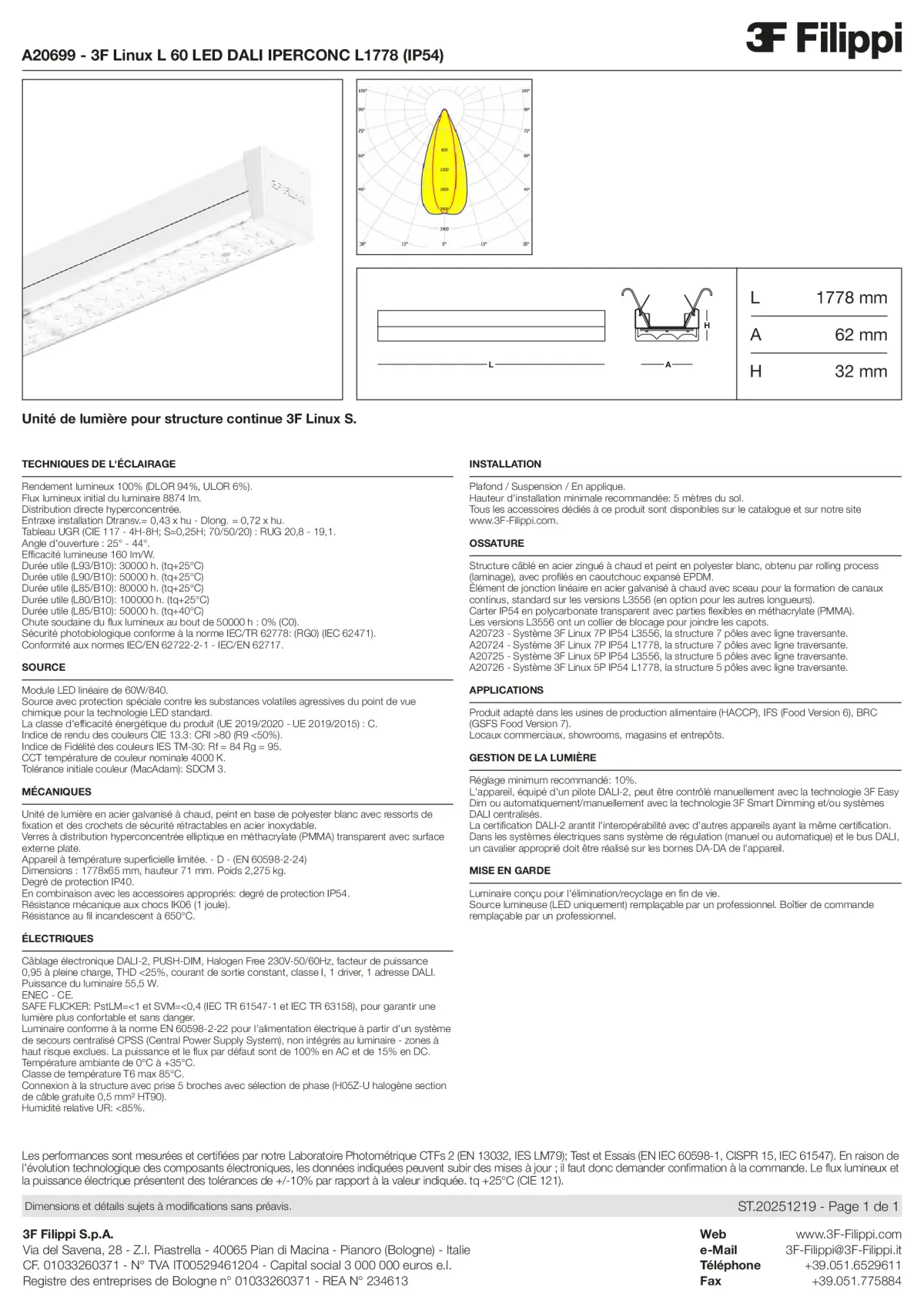 A20699 - 3F Linux L 60 LED DALI IPERCONC L1778 (IP54) - Datasheet - fr
