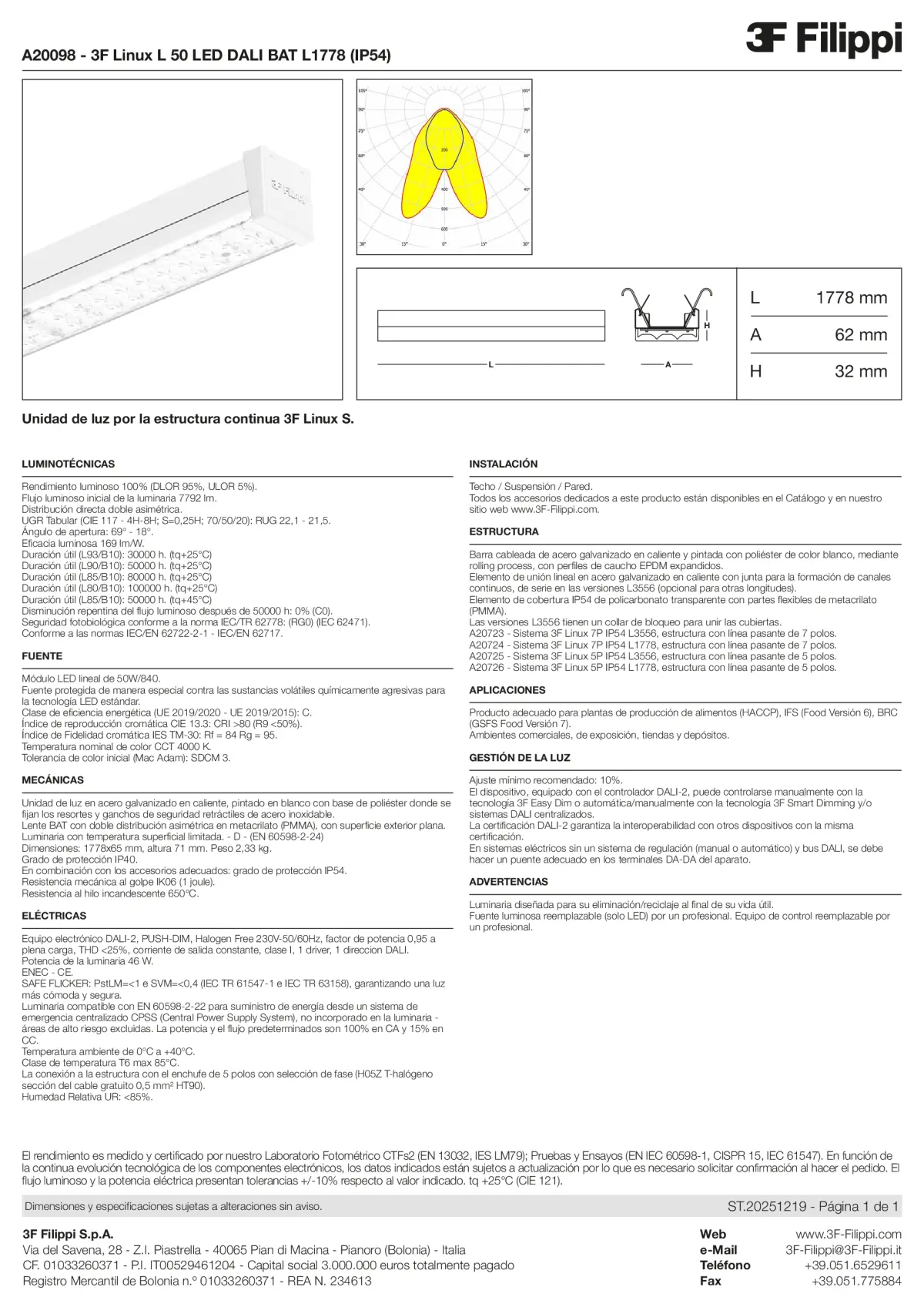 A20098 - 3F Linux L 50 LED DALI BAT L1778 (IP54) - Datasheet - es