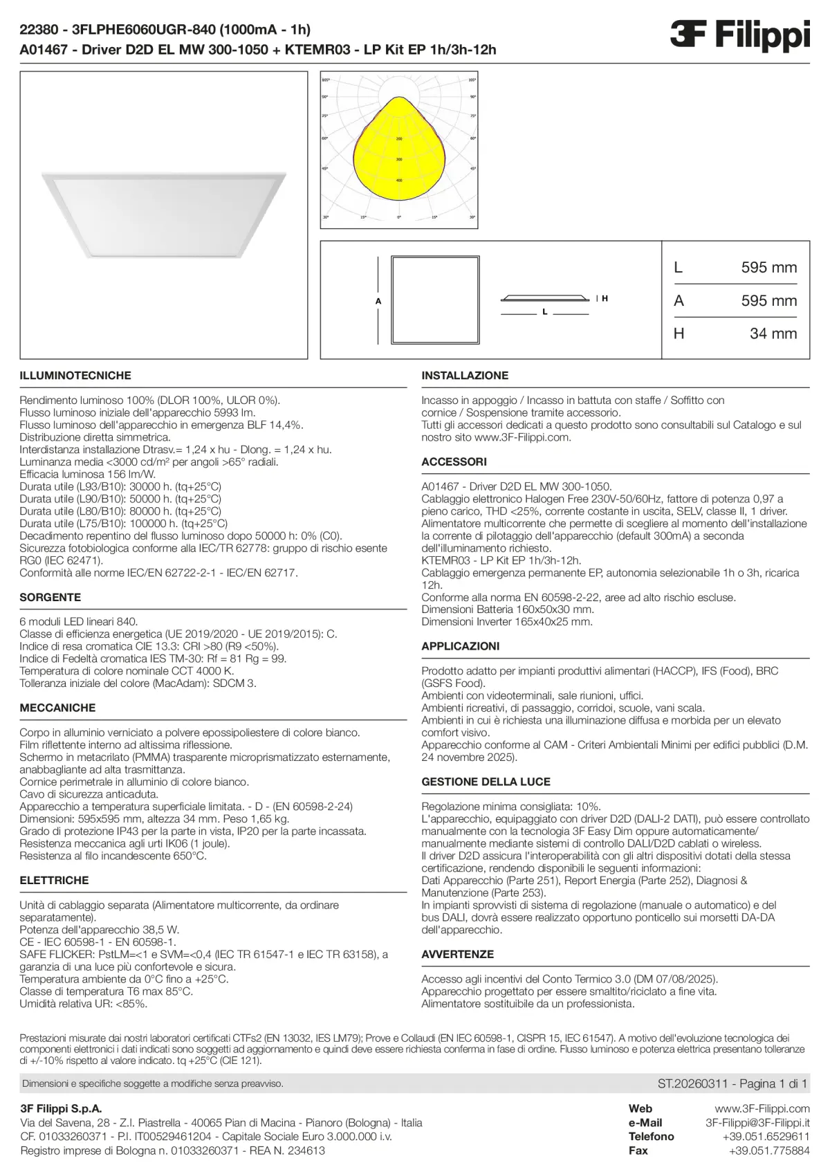 22380+A01467+KTEMR03 - 3FLPHE6060UGR-840 (1000mA - 1h) + D2D EL MW 300-1050 + Kit EP 1h-3h - Datasheet - it