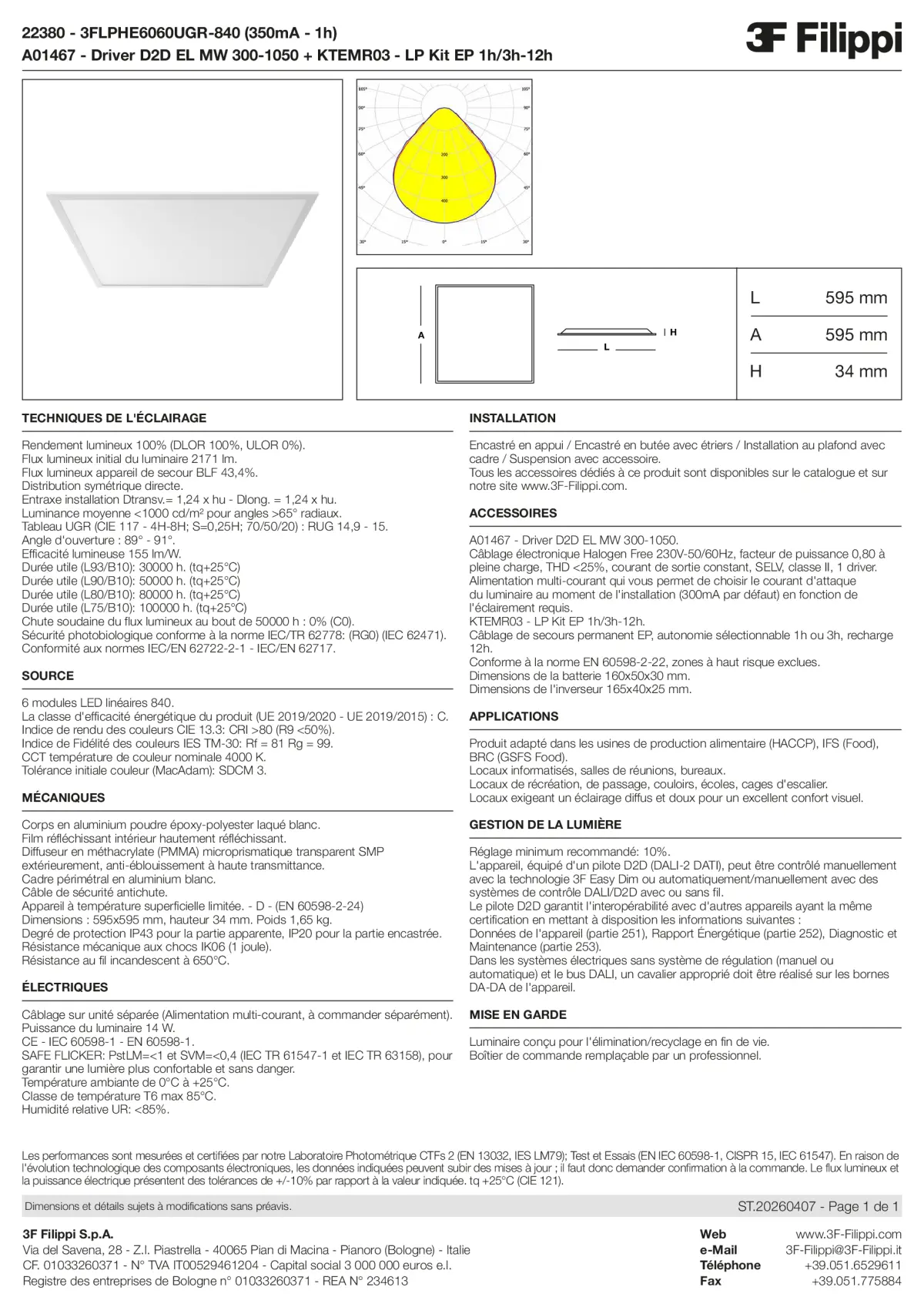 22380+A01467+KTEMR03 - 3FLPHE6060UGR-840 (350mA - 1h) + D2D EL MW 300-1050 + Kit EP 1h-3h - Datasheet - fr