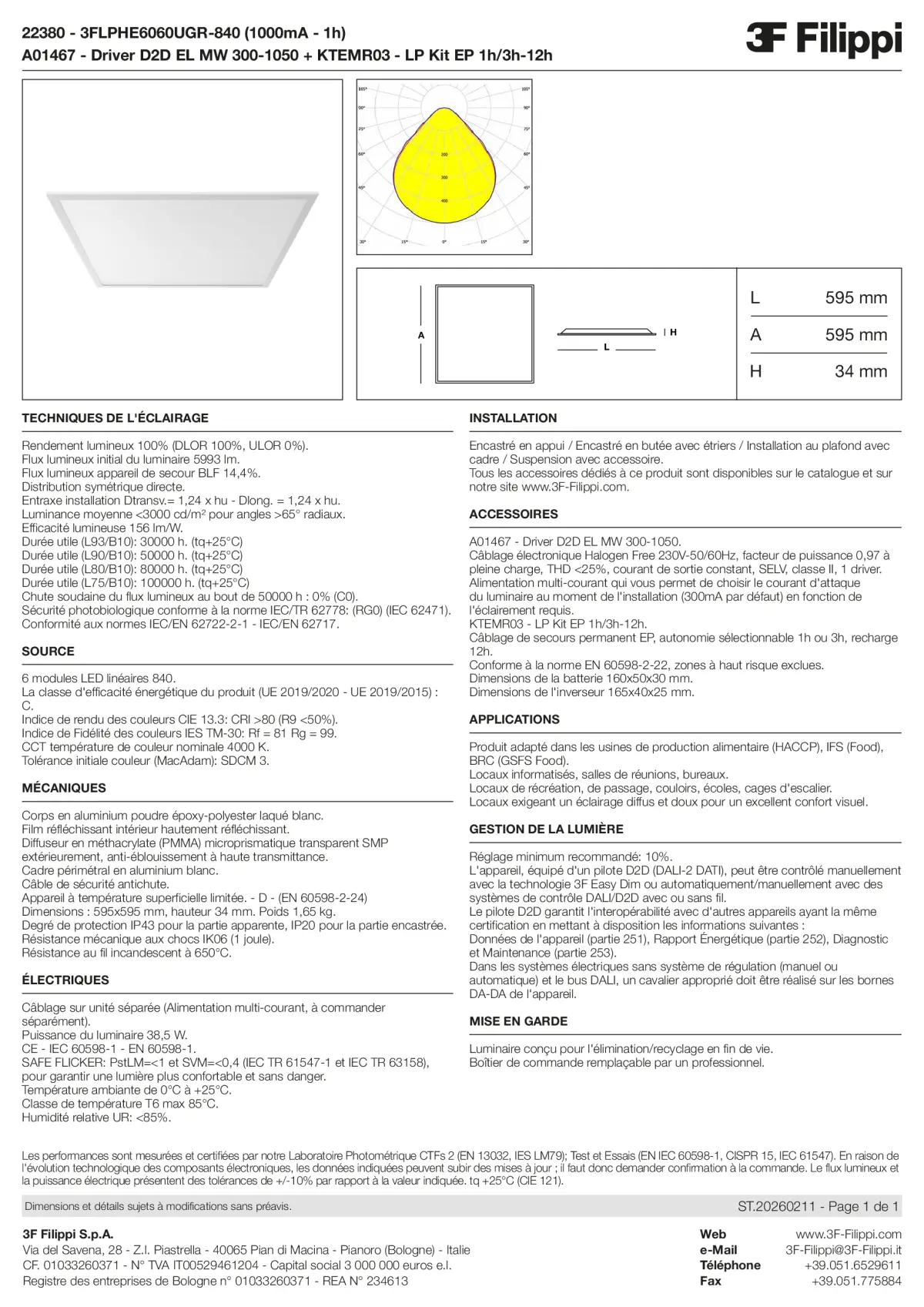 22380+A01467+KTEMR03 - 3FLPHE6060UGR-840 (1000mA - 1h) + D2D EL MW 300-1050 + Kit EP 1h-3h - Datasheet - fr