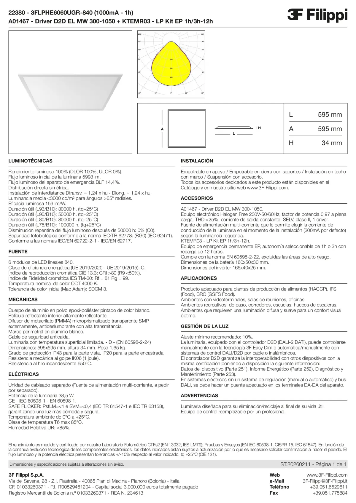 22380+A01467+KTEMR03 - 3FLPHE6060UGR-840 (1000mA - 1h) + D2D EL MW 300-1050 + Kit EP 1h-3h - Datasheet - es