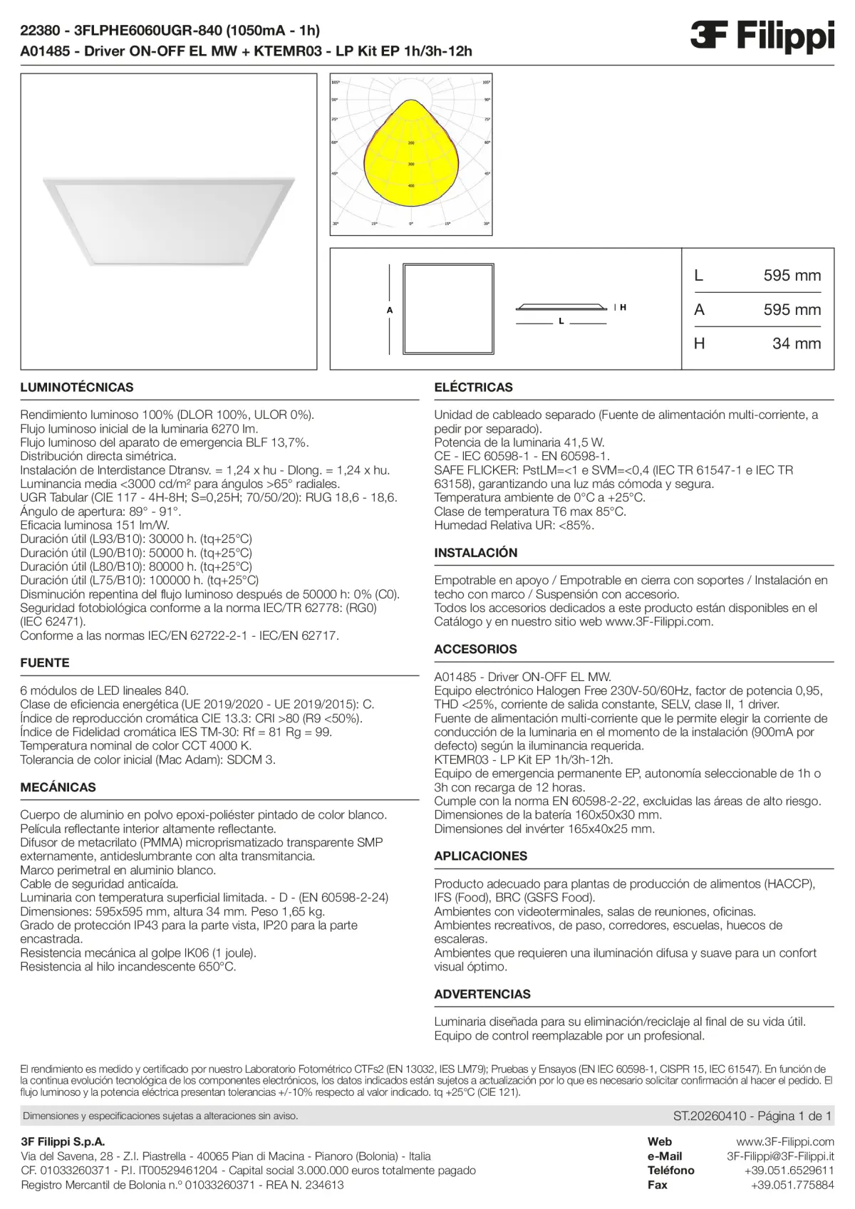 22380+A01485+KTEMR03 - 3FLPHE6060UGR-840 (1050mA - 1h) + ON-OFF EL MW + Kit EP 1h-3h - Datasheet - es