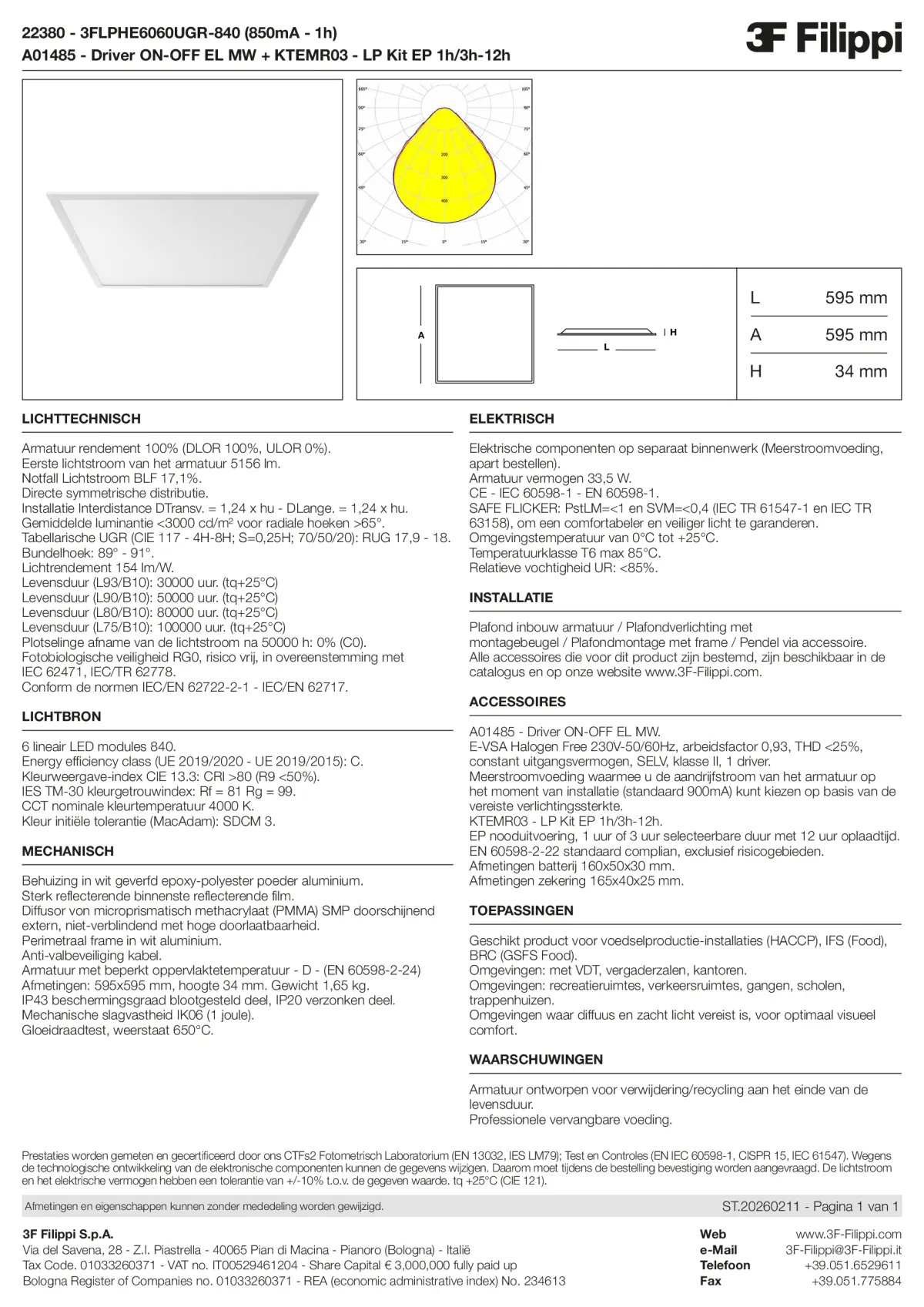 22380+A01485+KTEMR03 - 3FLPHE6060UGR-840 (850mA - 1h) + ON-OFF EL MW + Kit EP 1h-3h - Datasheet - nl