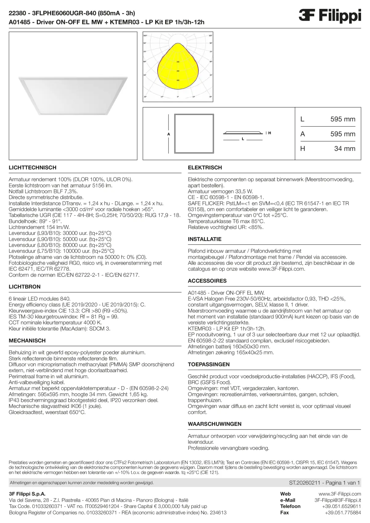 22380+A01485+KTEMR03 - 3FLPHE6060UGR-840 (850mA - 3h) + ON-OFF EL MW + Kit EP 1h-3h - Datasheet - nl